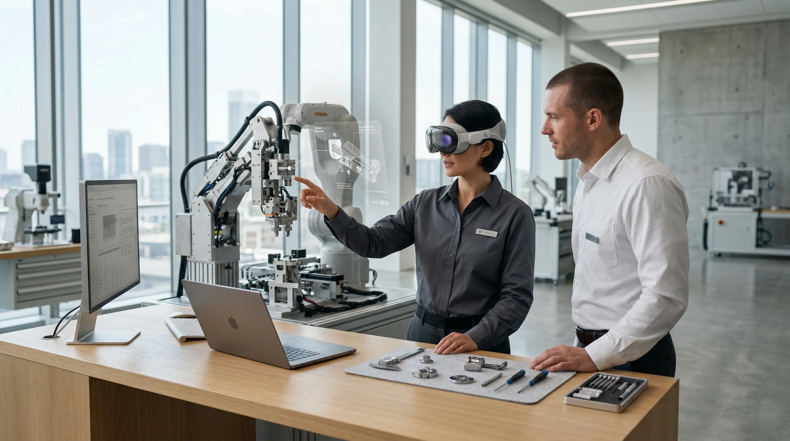 Engineers wearing AR headsets viewing digital assembly instructions over machinery in a sleek workspace