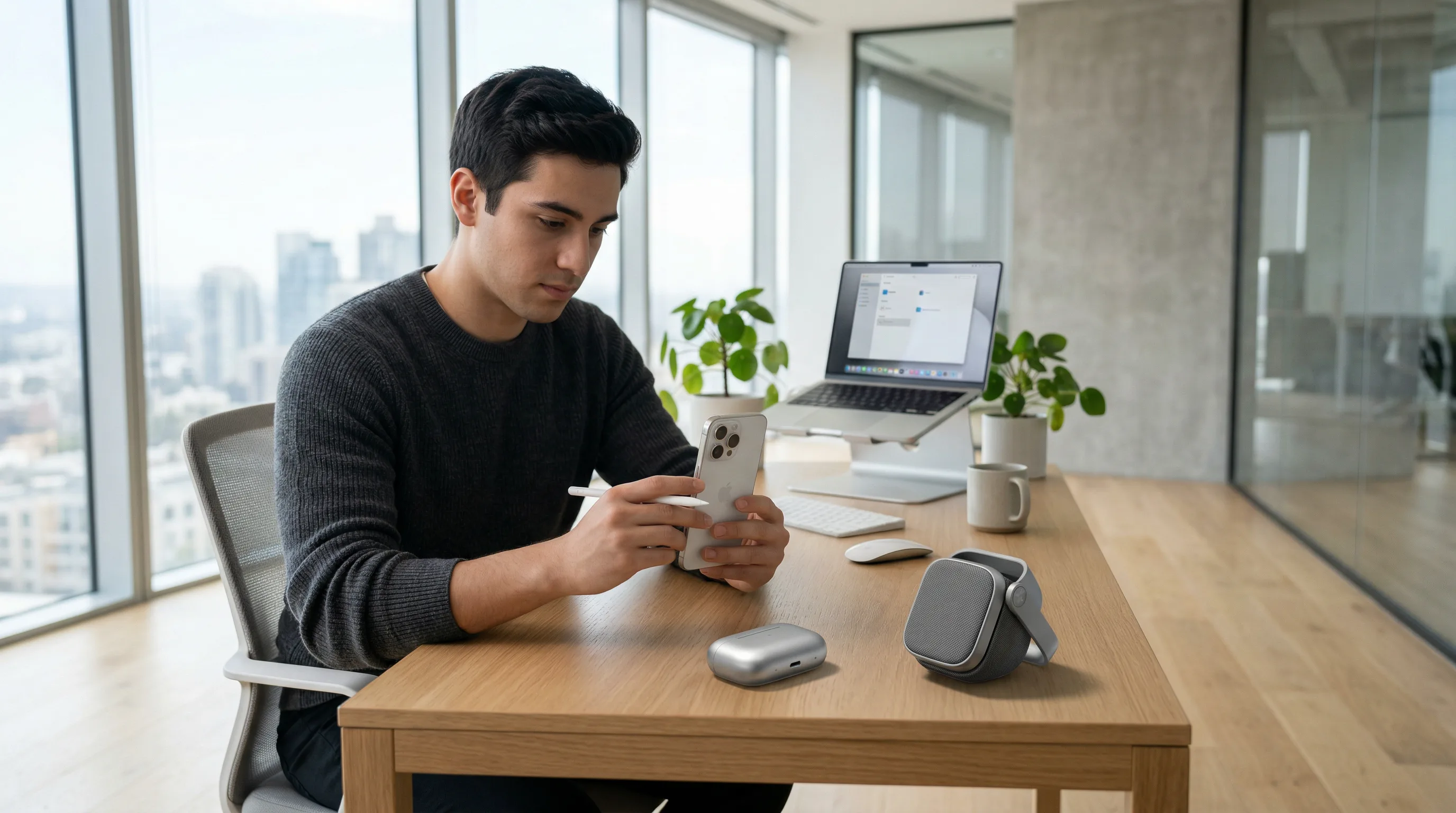 Developer scanning a desk with a smartphone showing subtle 3D virtual objects anchored to the surface