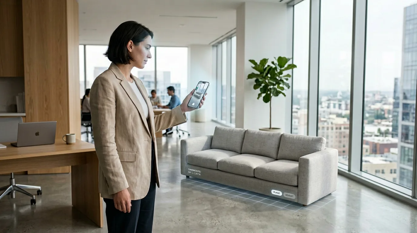 A smartphone screen showing an augmented reality view of a modern sofa placed in a minimalist office space.
