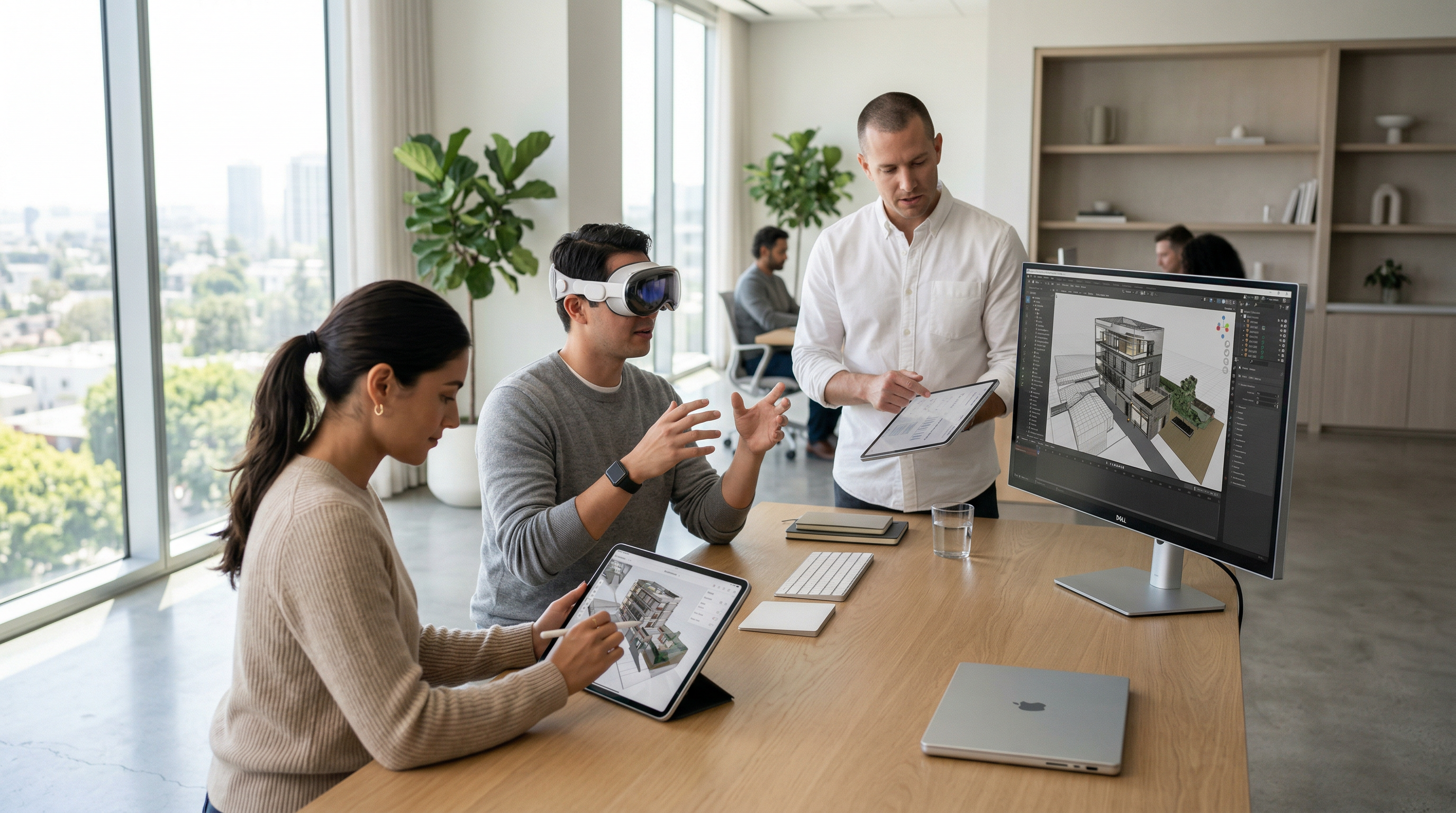 Professional AR developers collaborating in a bright minimalist office with modern equipment and 3D models on screens