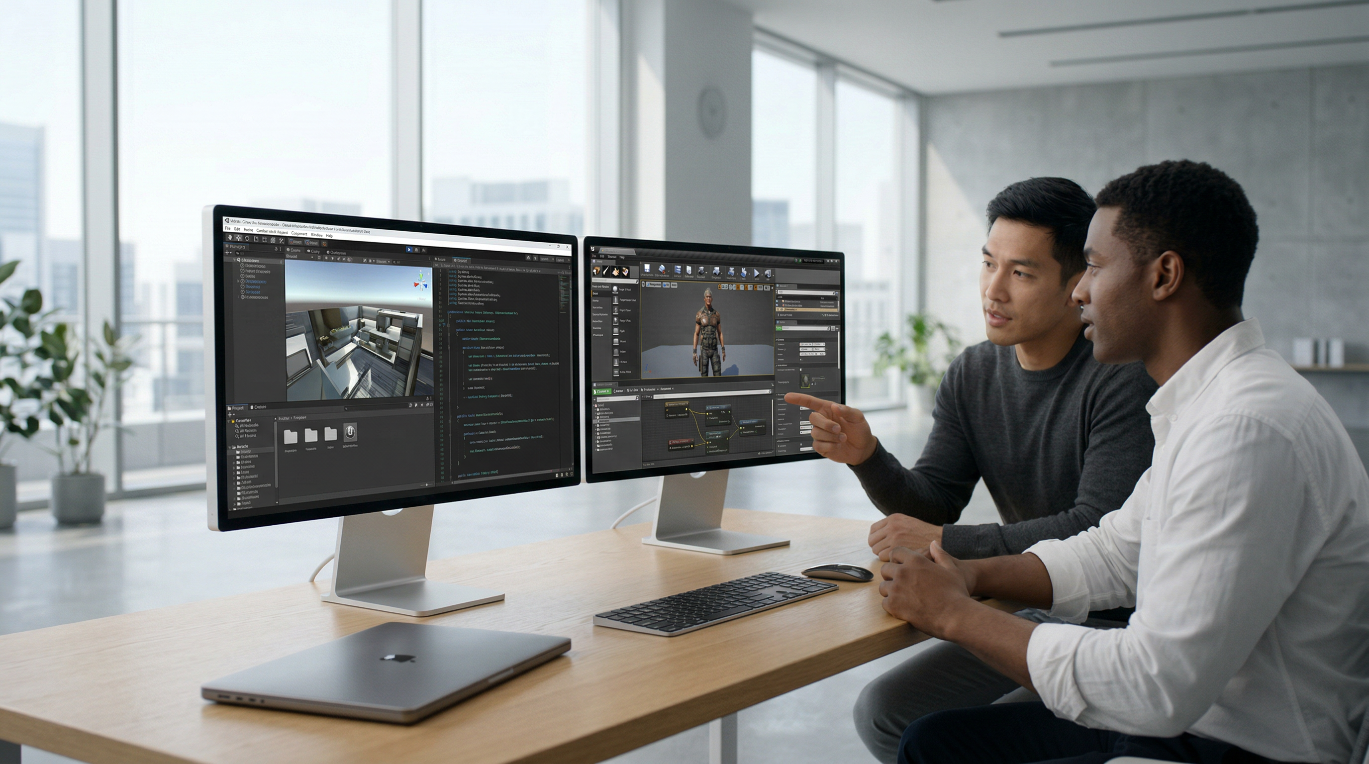 Developers working at dual monitors running Unity and Unreal Engine in a minimalist modern office