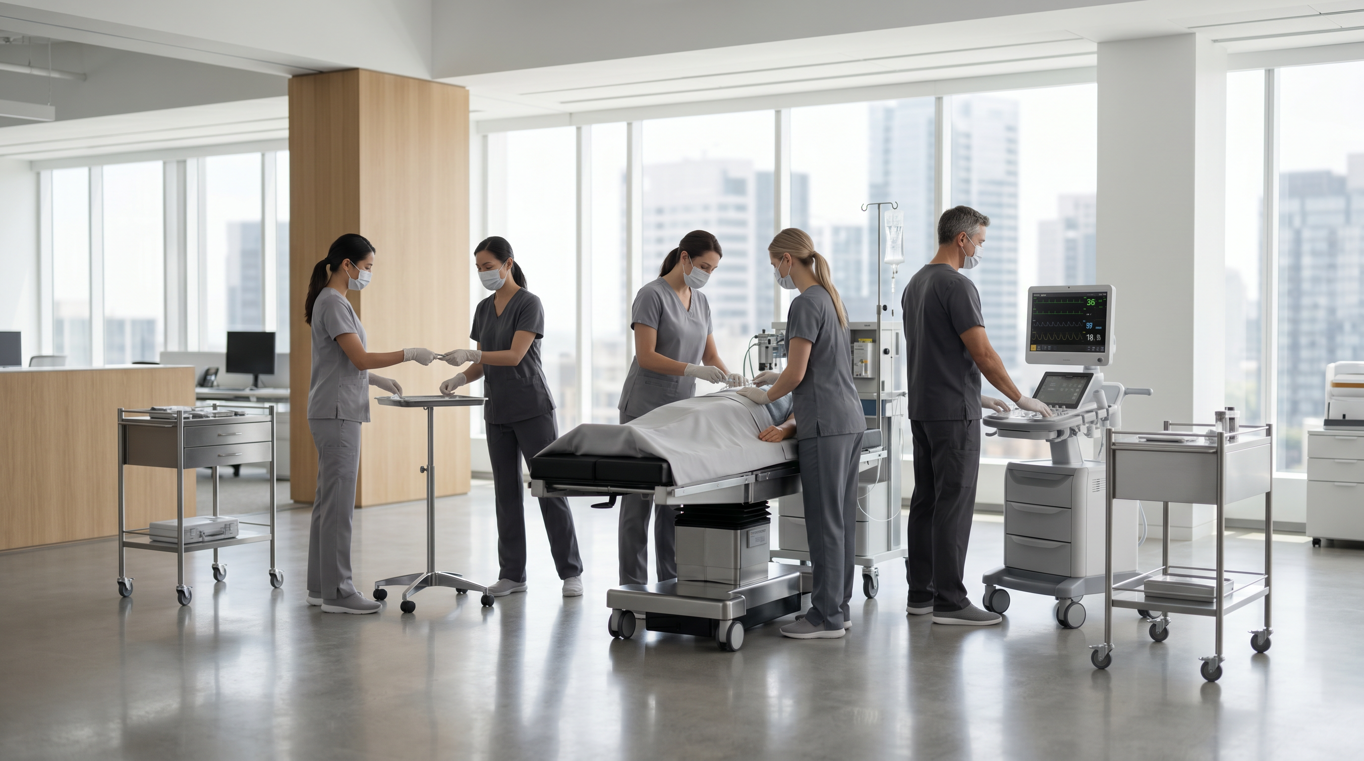 Doctors and nurses performing a coordinated emergency scenario in a simulated operating room