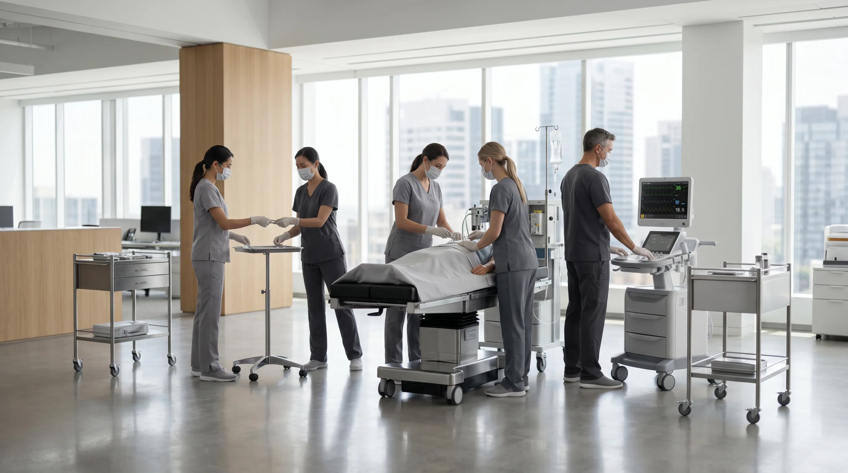 Doctors and nurses performing a coordinated emergency scenario in a simulated operating room