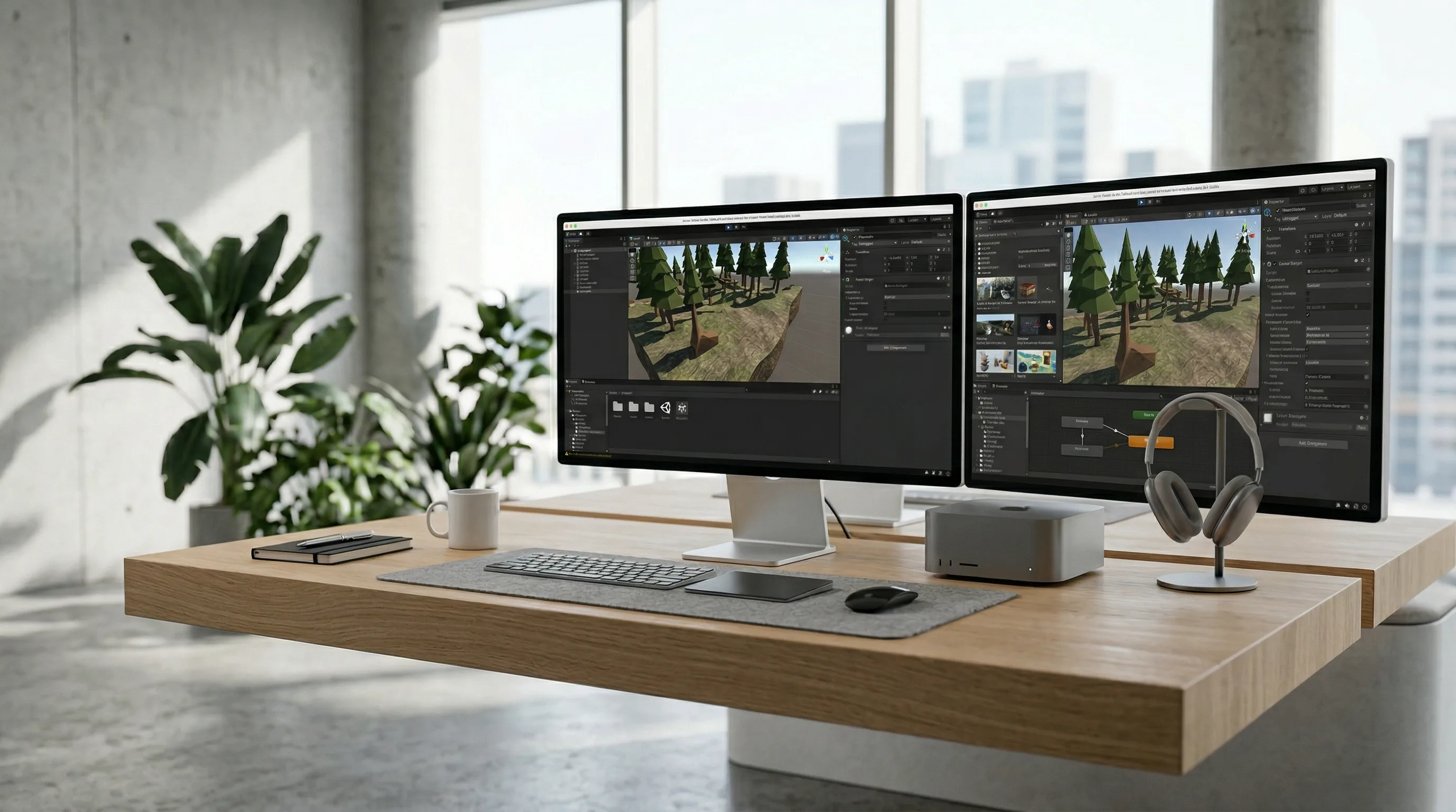 Game developer working in Unity Editor at a dual-monitor minimalist workspace with soft natural lighting