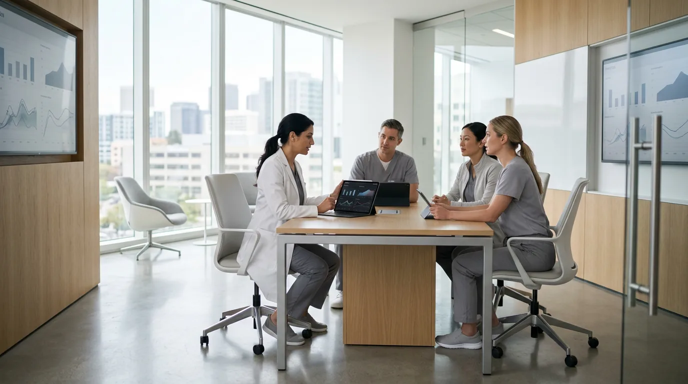 Hospital staff reviewing VR training data on tablets and wall displays in a modern conference room.