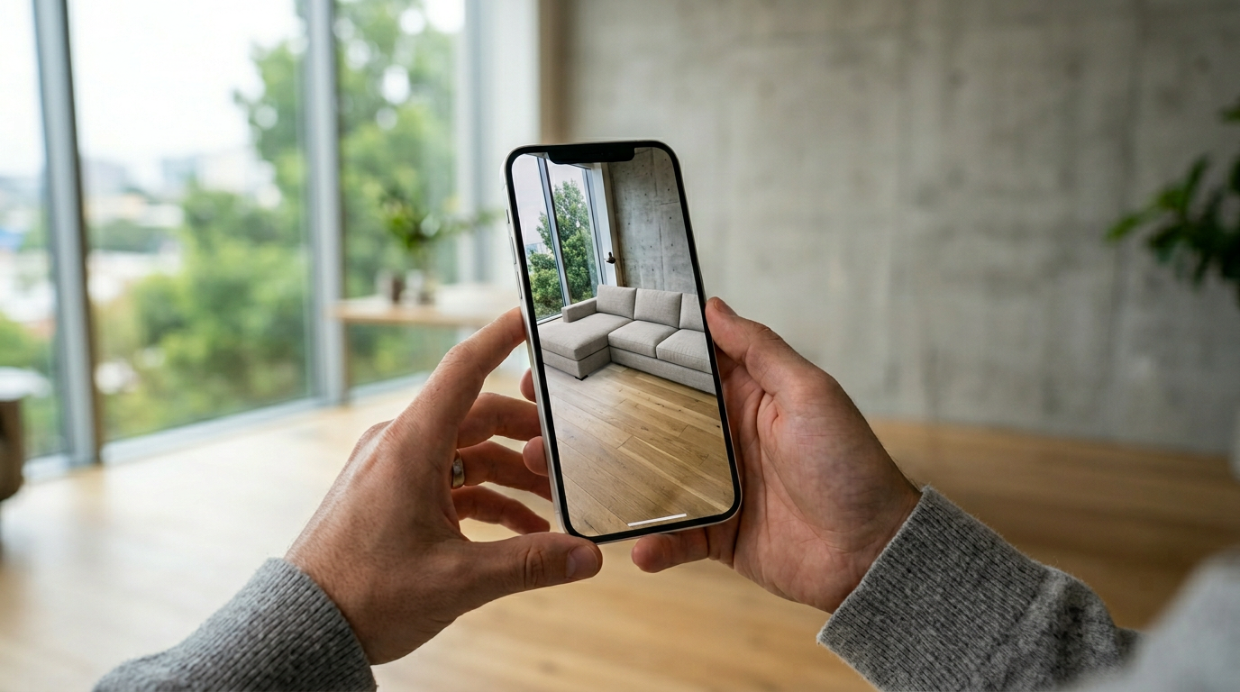 A smartphone held in a modern office displaying a web app augmented reality experience with a 3D object overlaid on the room.