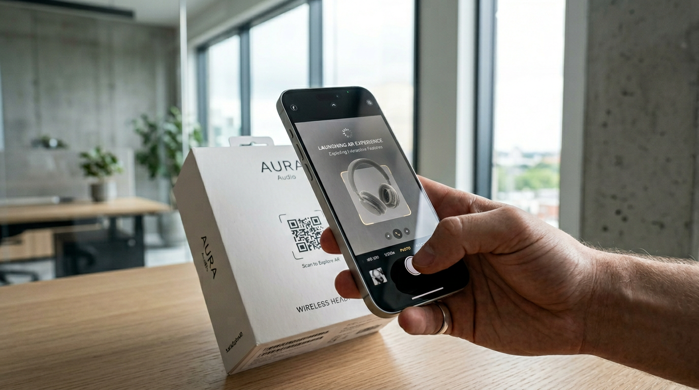 A smartphone scanning a QR code on product packaging to launch an interactive web-based augmented reality experience.