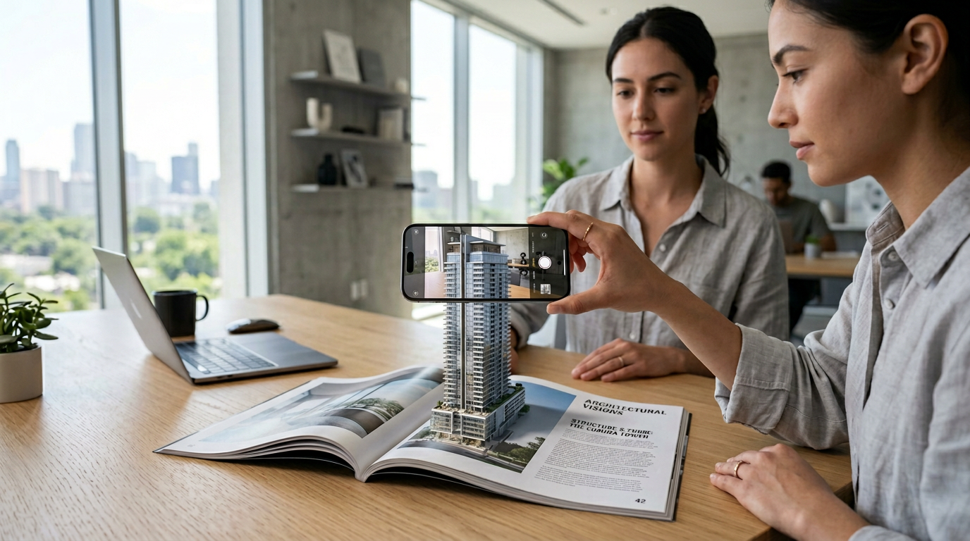 A smartphone using augmented reality to bring a printed image in a magazine to life with an interactive 3D model.
