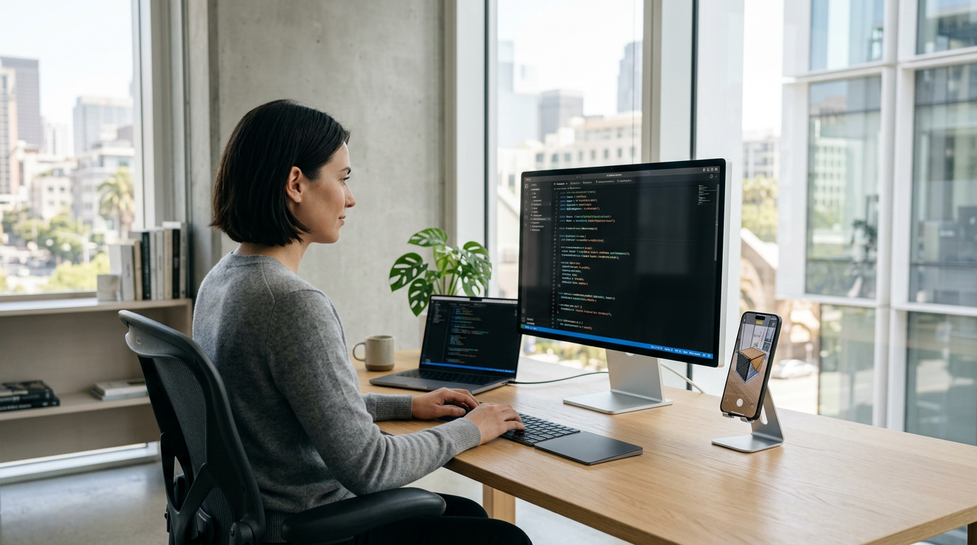 A 3D artist at a high-end workstation optimizing a complex 3D model for use in a real-time augmented reality application.