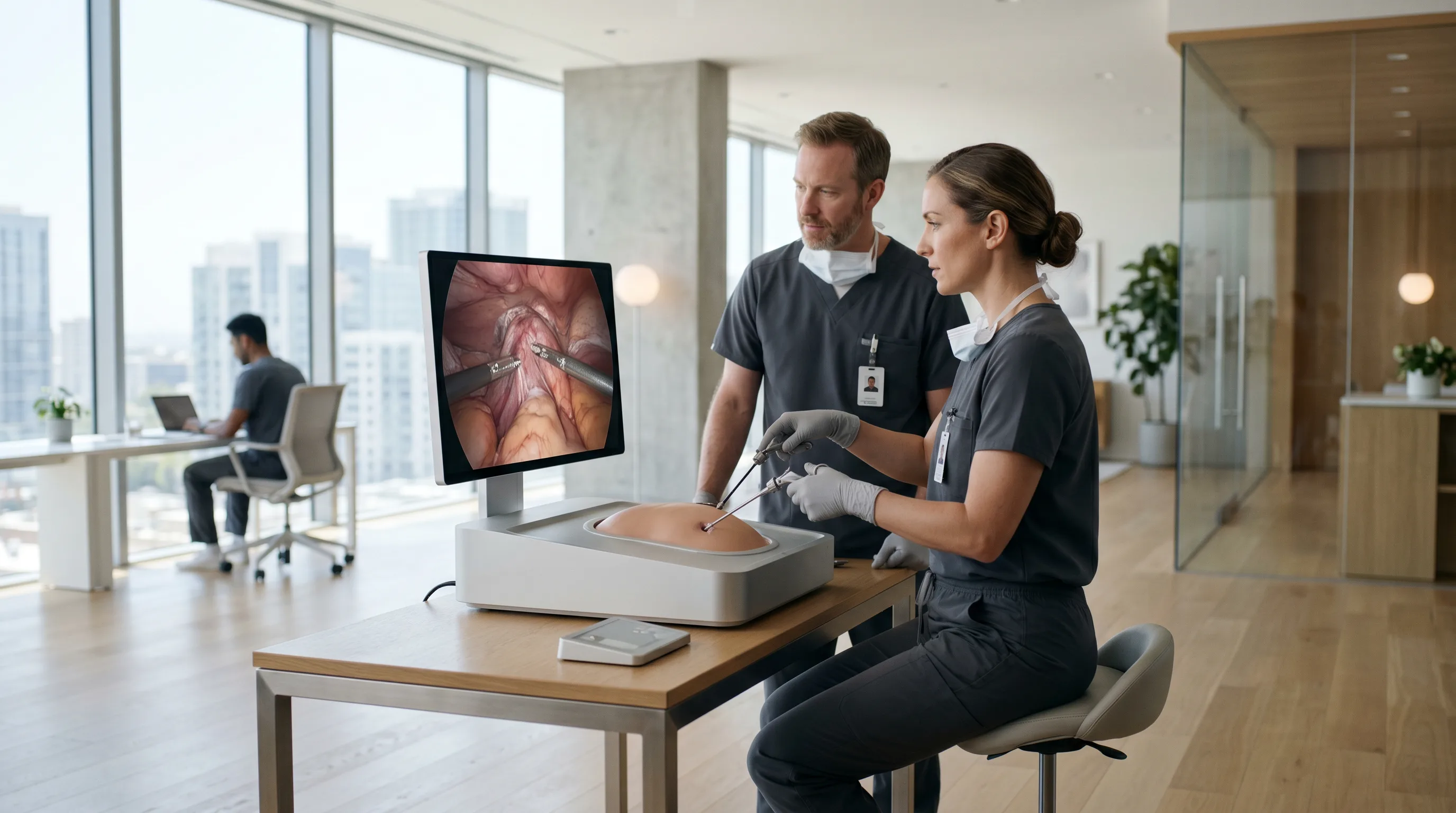 Surgeons practicing with a laparoscopic surgical simulator in a modern training lab