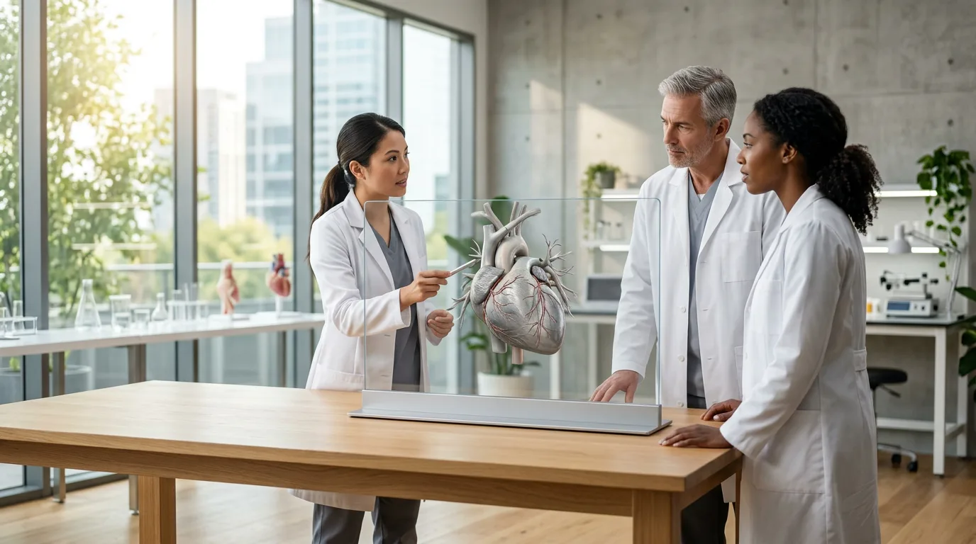 Medical professionals examining a 3D anatomical scan on a transparent AR display in a bright lab