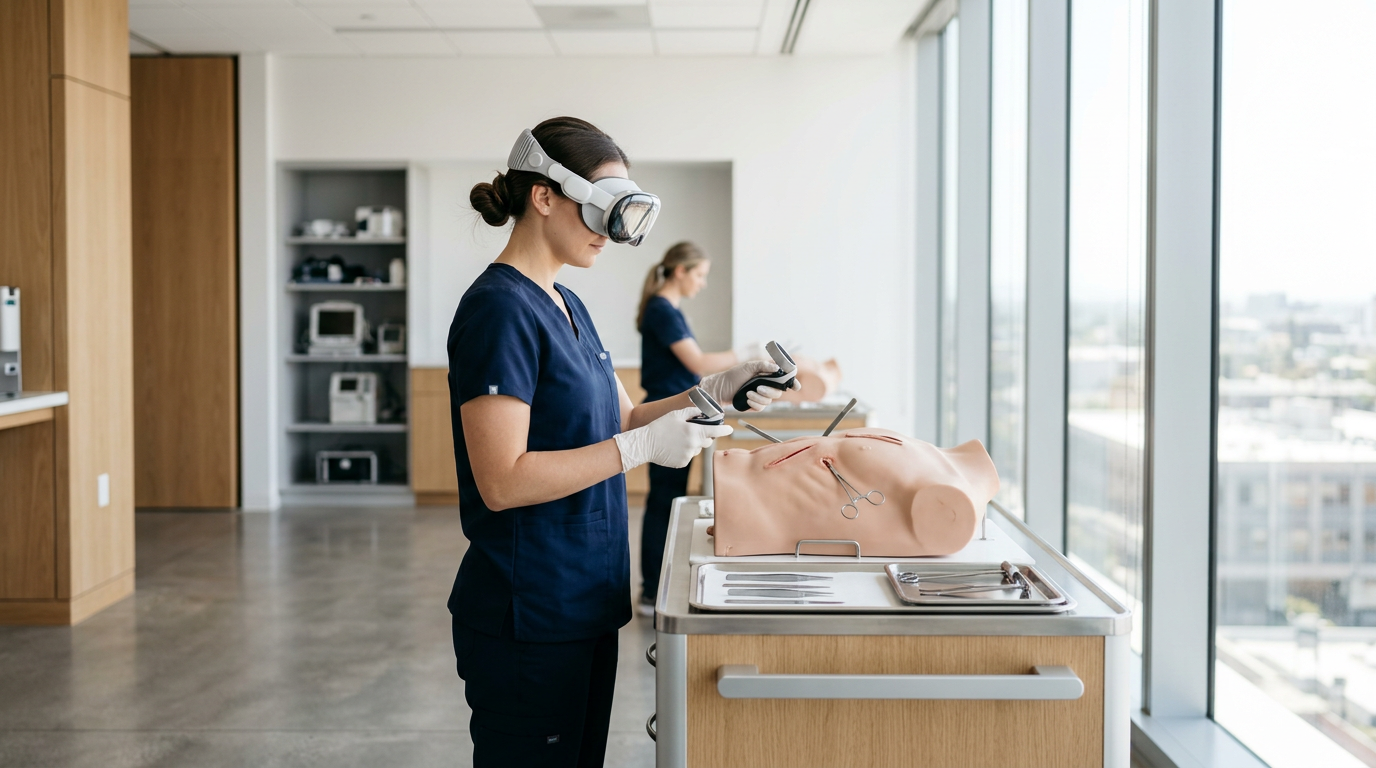 Medical student practicing surgery with VR headset and mannequin in bright training room
