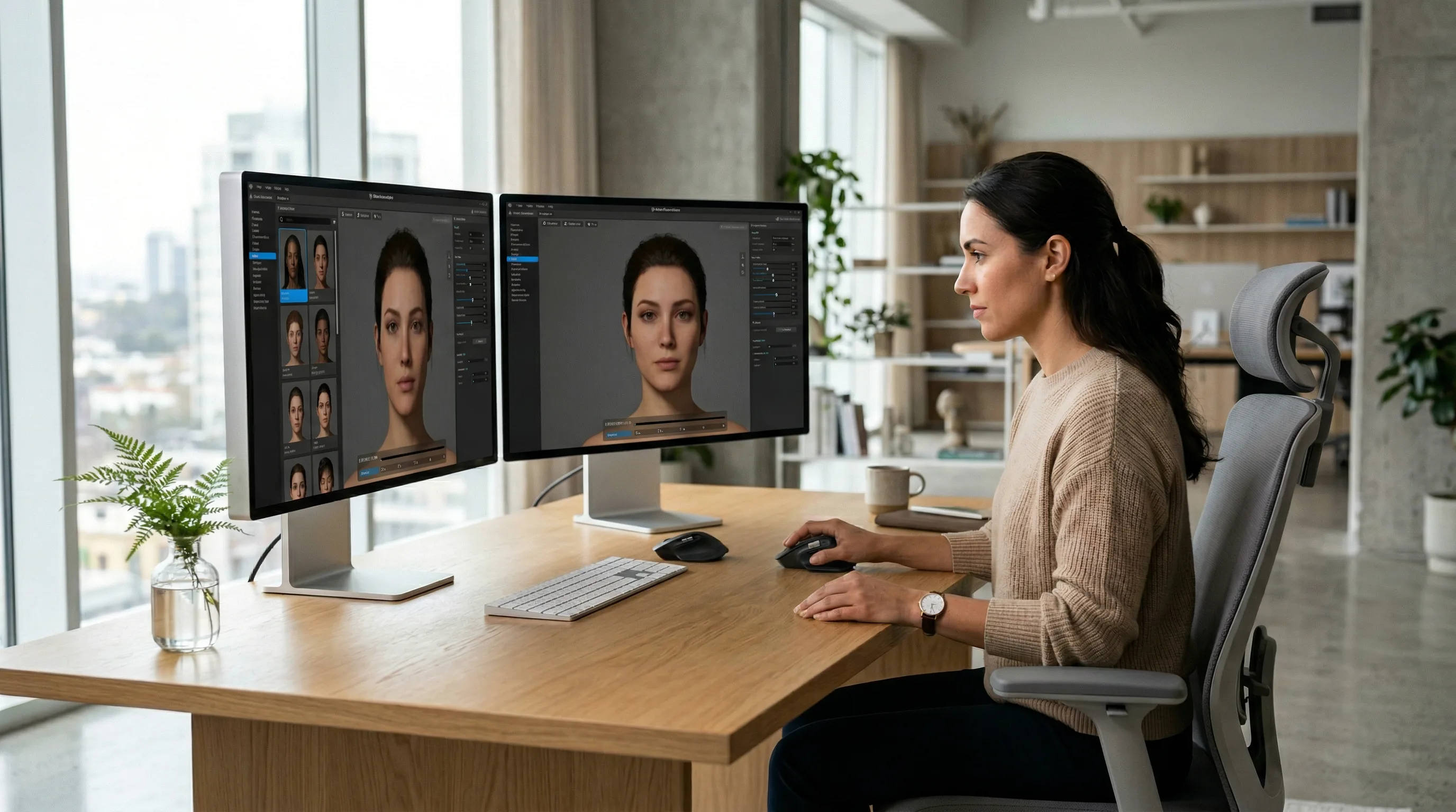Artist refining a digital character’s facial features using MetaHuman Creator on dual monitors