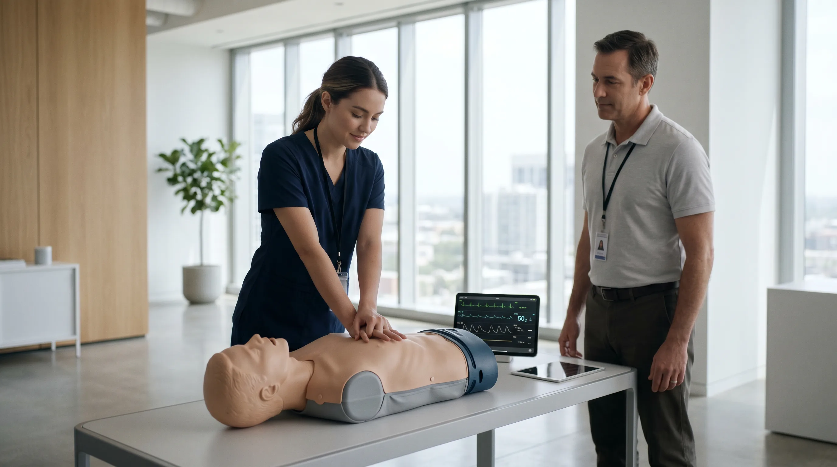 Trainee performing CPR on a patient simulator under instructor supervision in a modern lab