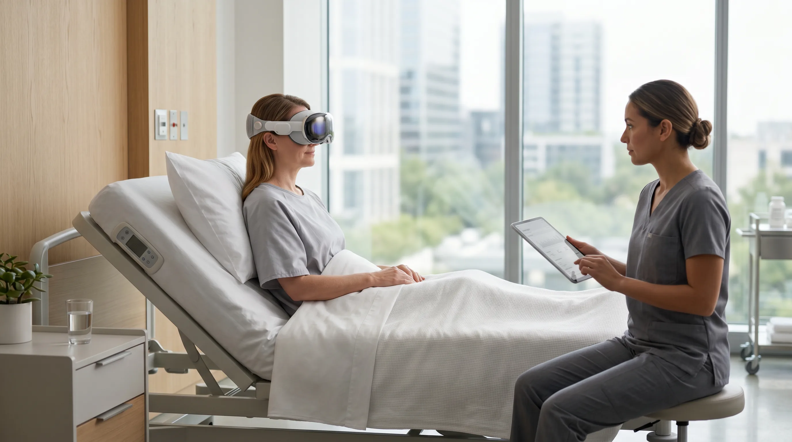 Patient wearing VR headset for pain management while nurse monitors with tablet in hospital room