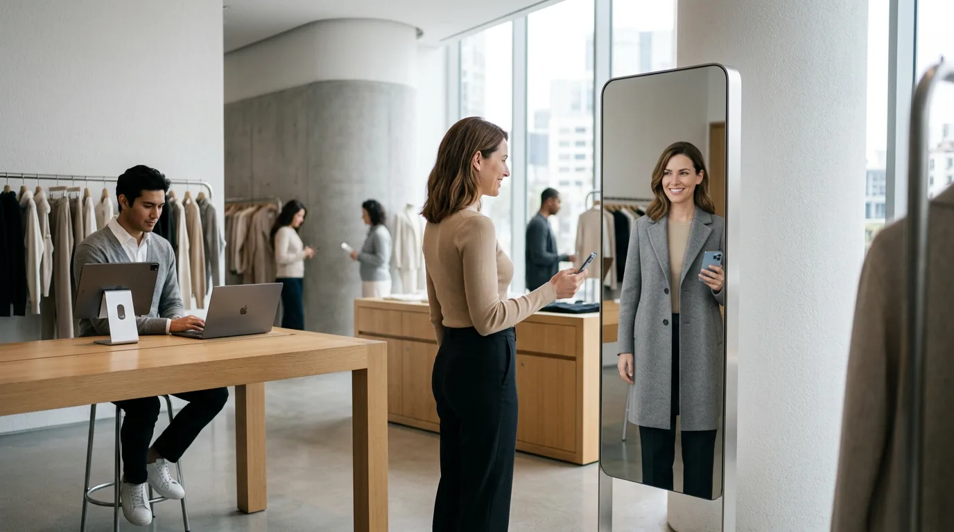 Retail customers using AR mirrors and mobile apps to virtually try on clothing in a modern boutique