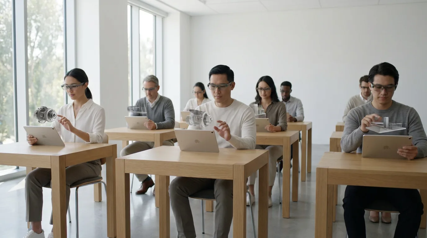 Students using tablets for AR simulations during technical training in a bright modern classroom