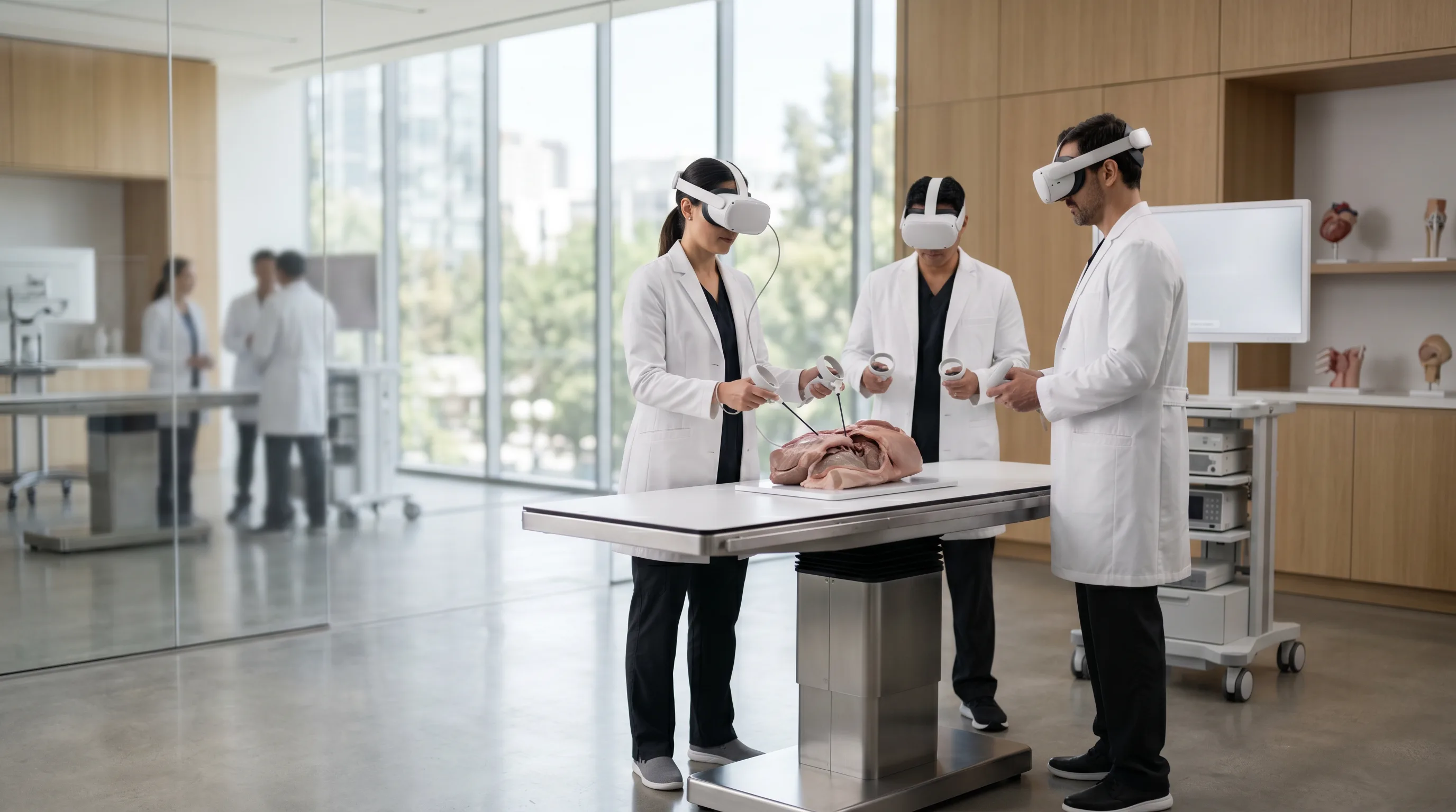 Group of surgeons practicing surgery with VR headsets in bright clinical simulation lab