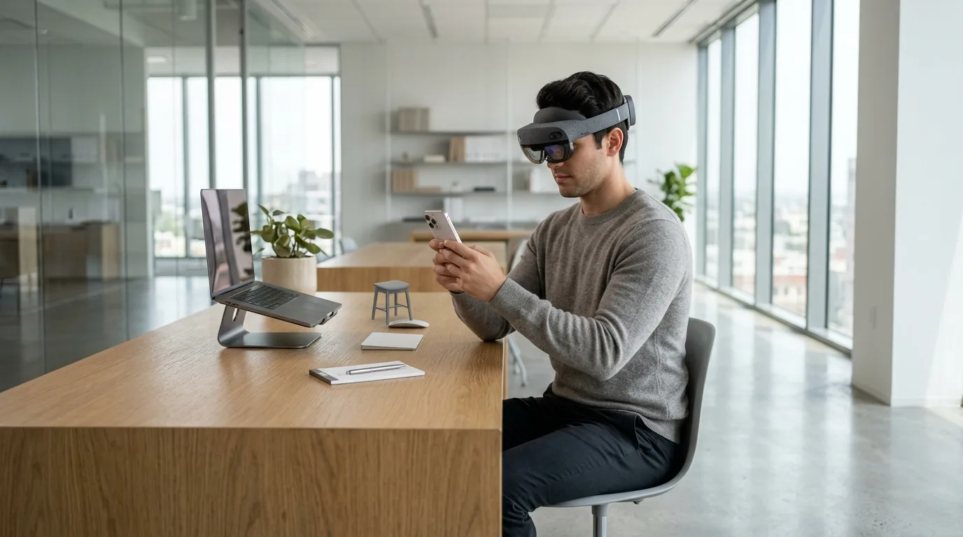 Technician testing augmented reality on smartphone and headset in bright minimalist office.