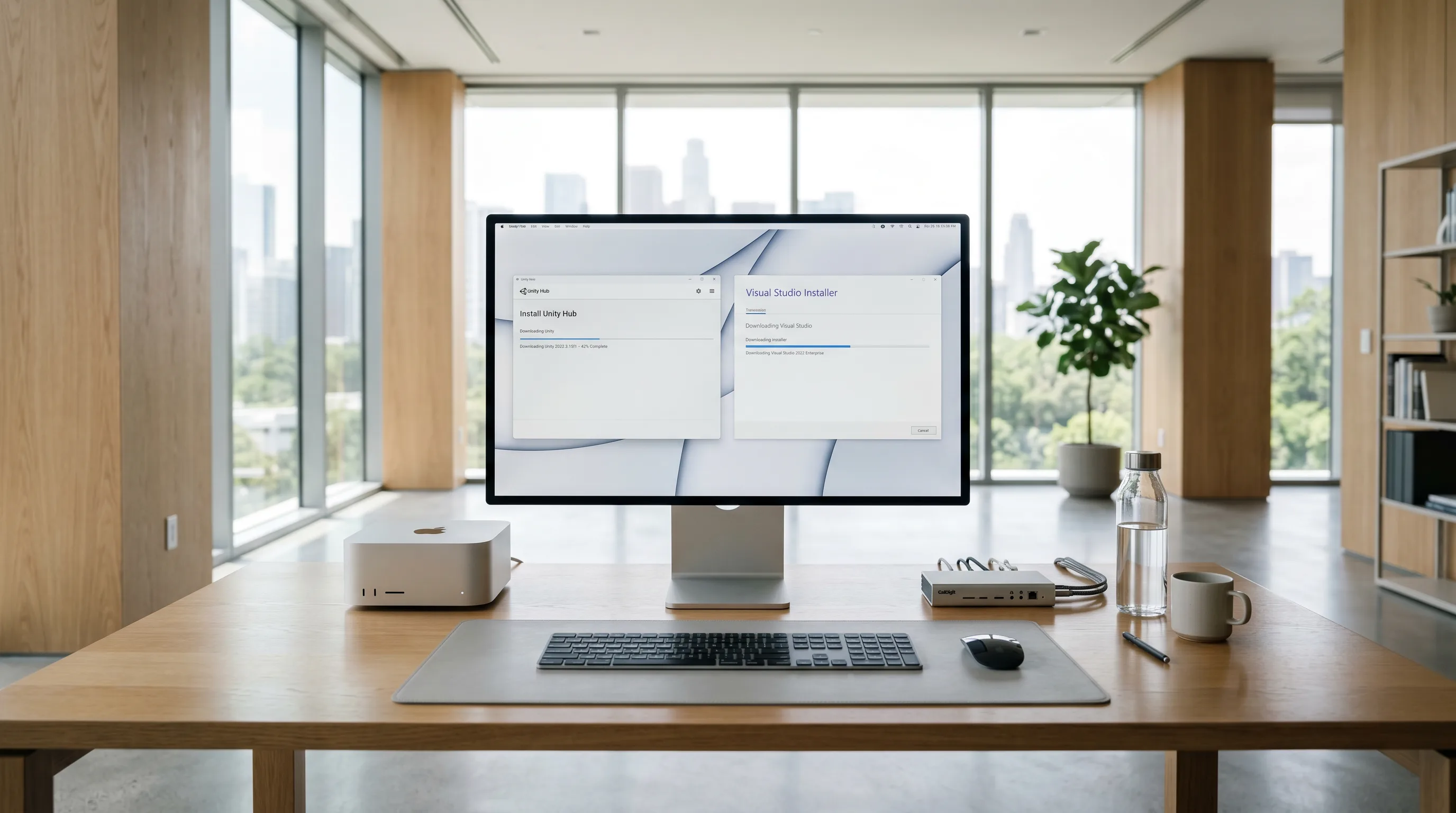 Unity Hub and Visual Studio installation displayed on sleek dual-monitor workstation