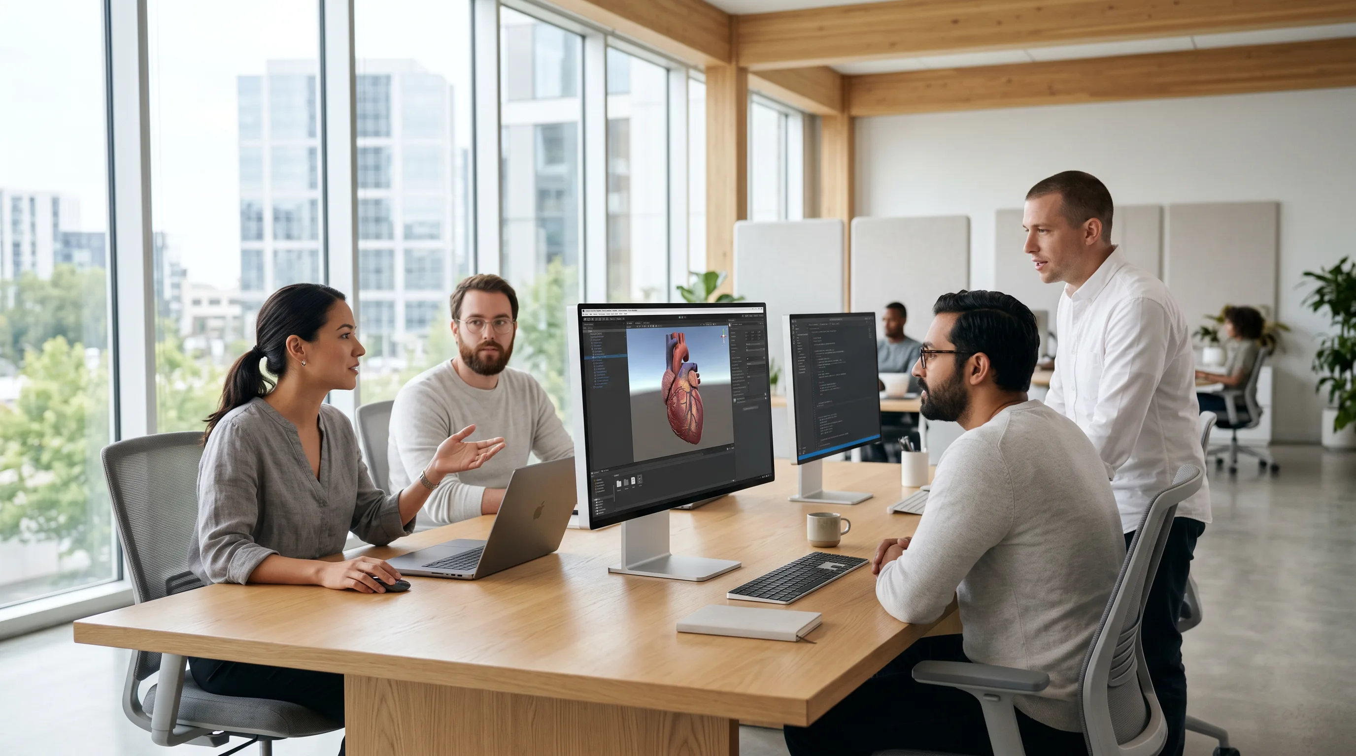 Developers testing medical simulation using Unity in modern office.