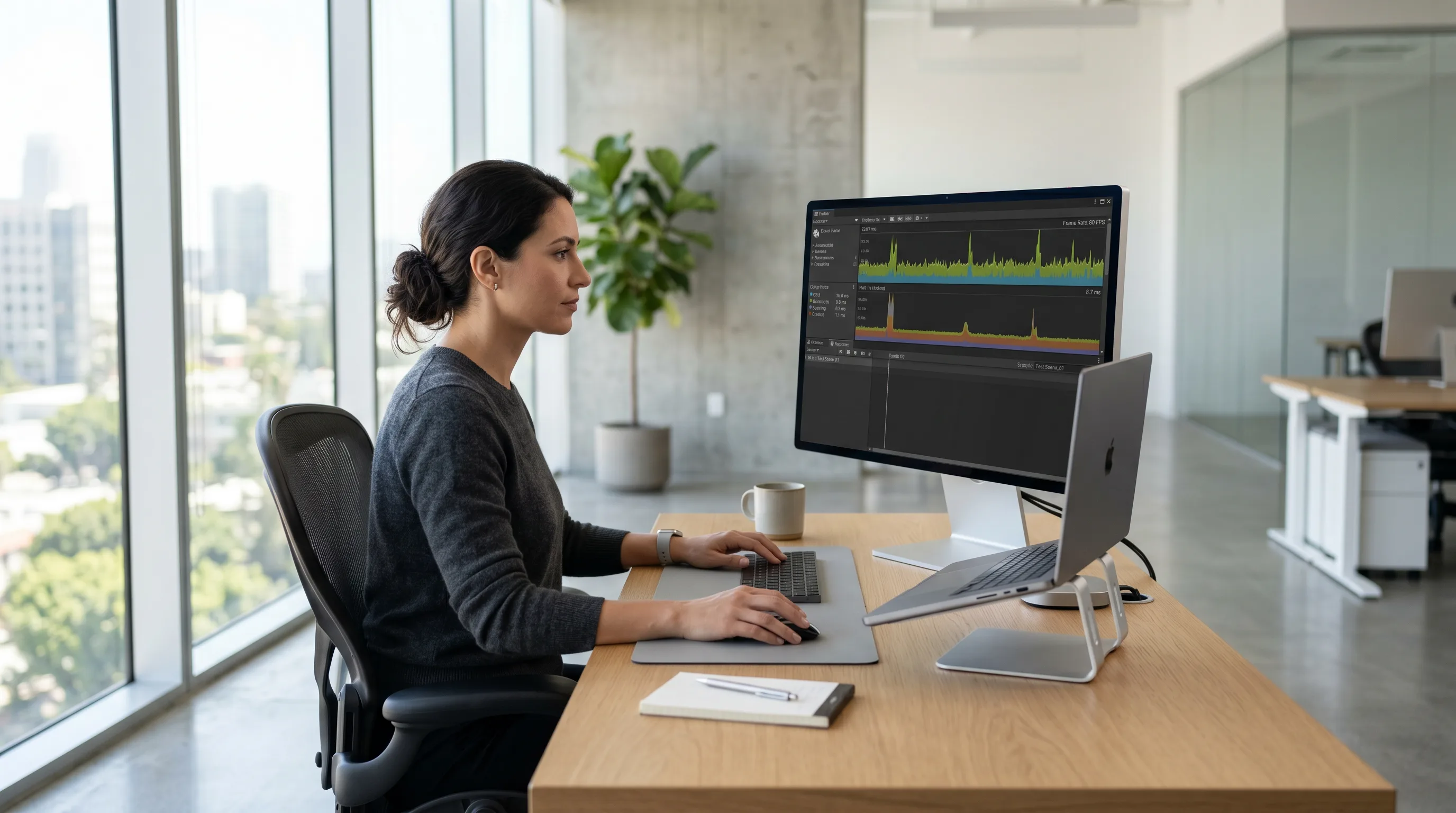 Engineer analyzing performance metrics in Unity Profiler on a large monitor