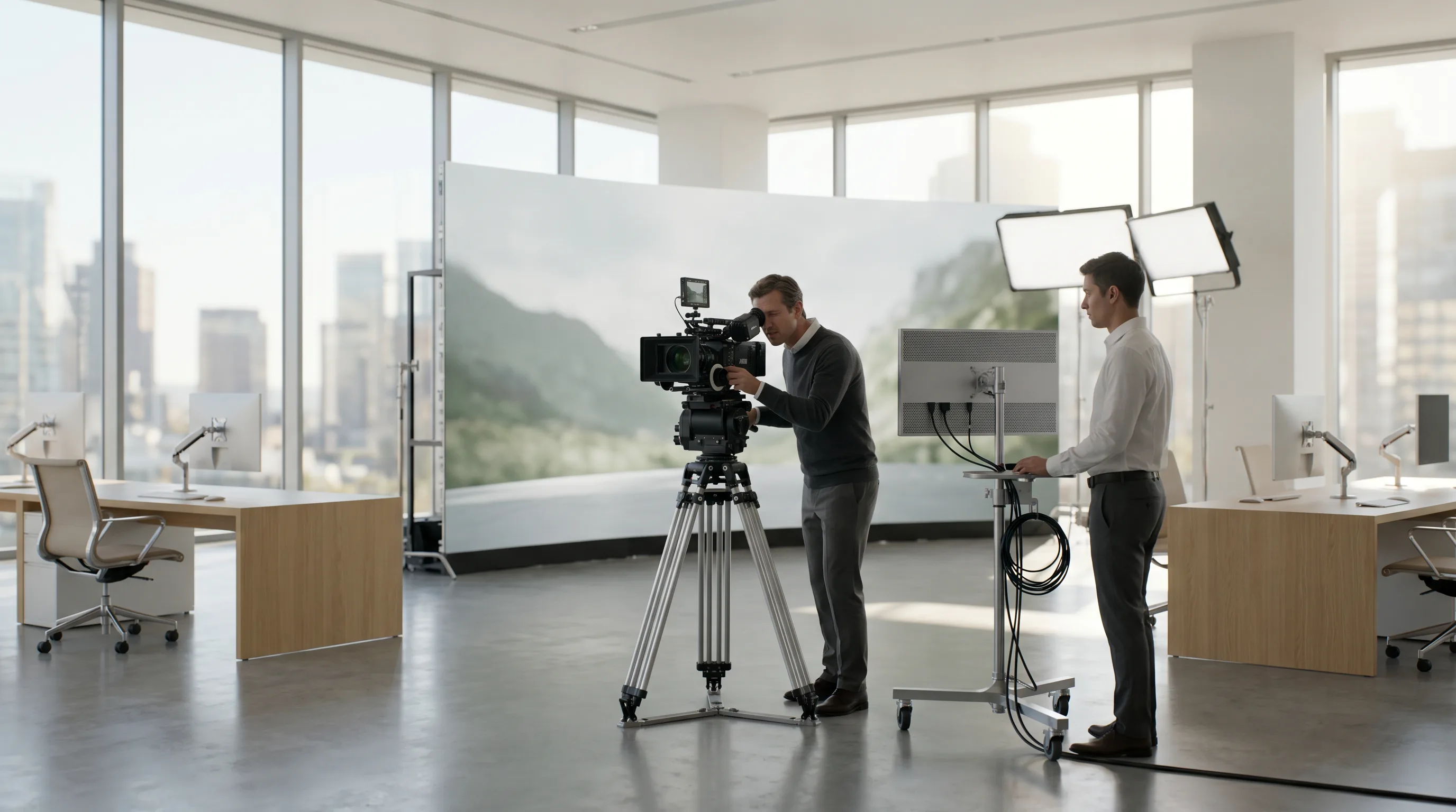 Production crew filming in front of LED wall showing real-time Unreal Engine environment