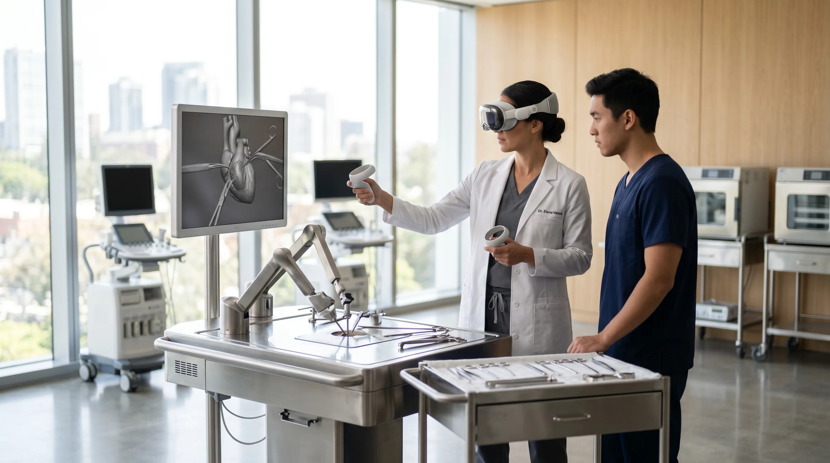 Doctor guiding trainee through virtual surgery using sleek VR headset in modern hospital training room