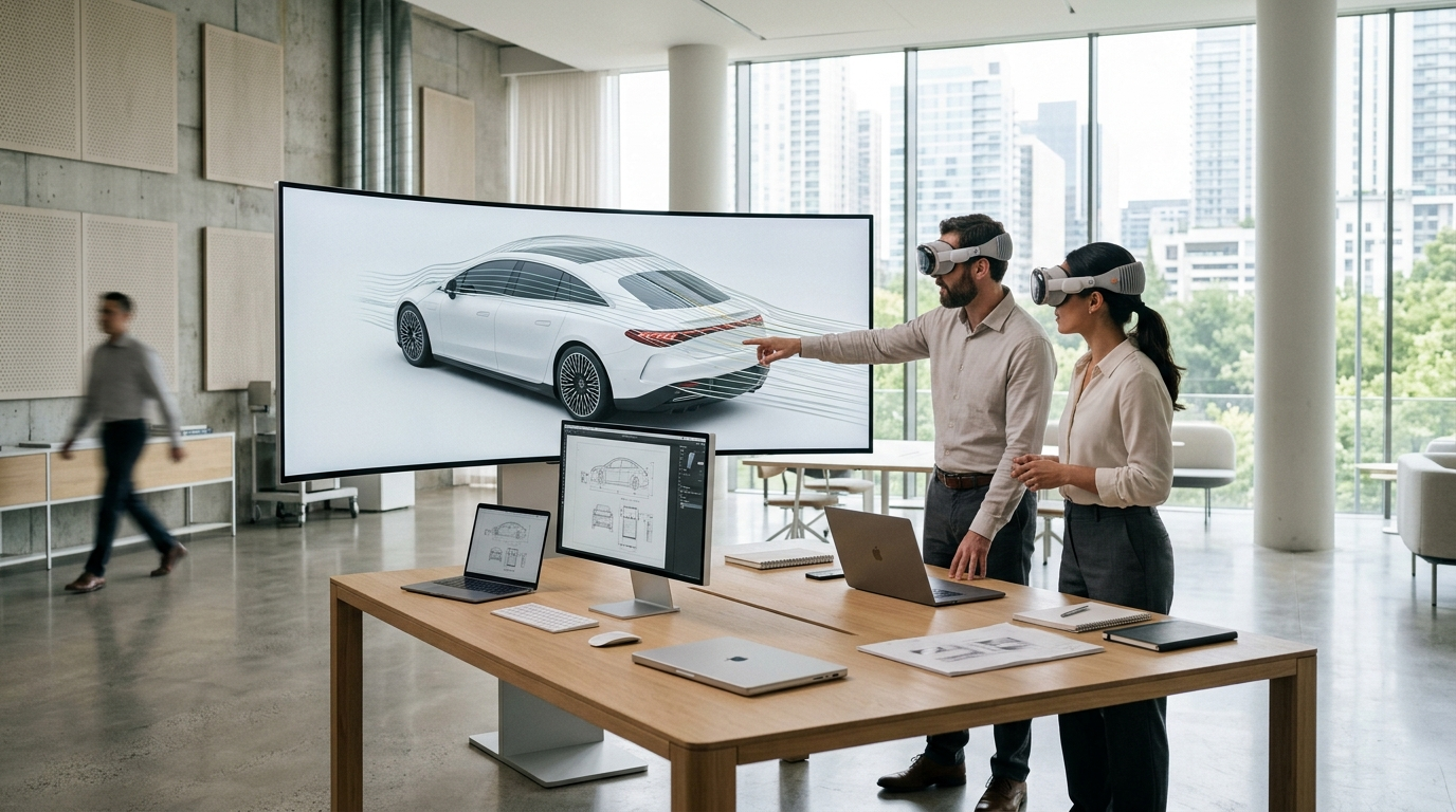 Engineers using VR headsets to review electric vehicle prototype in design studio