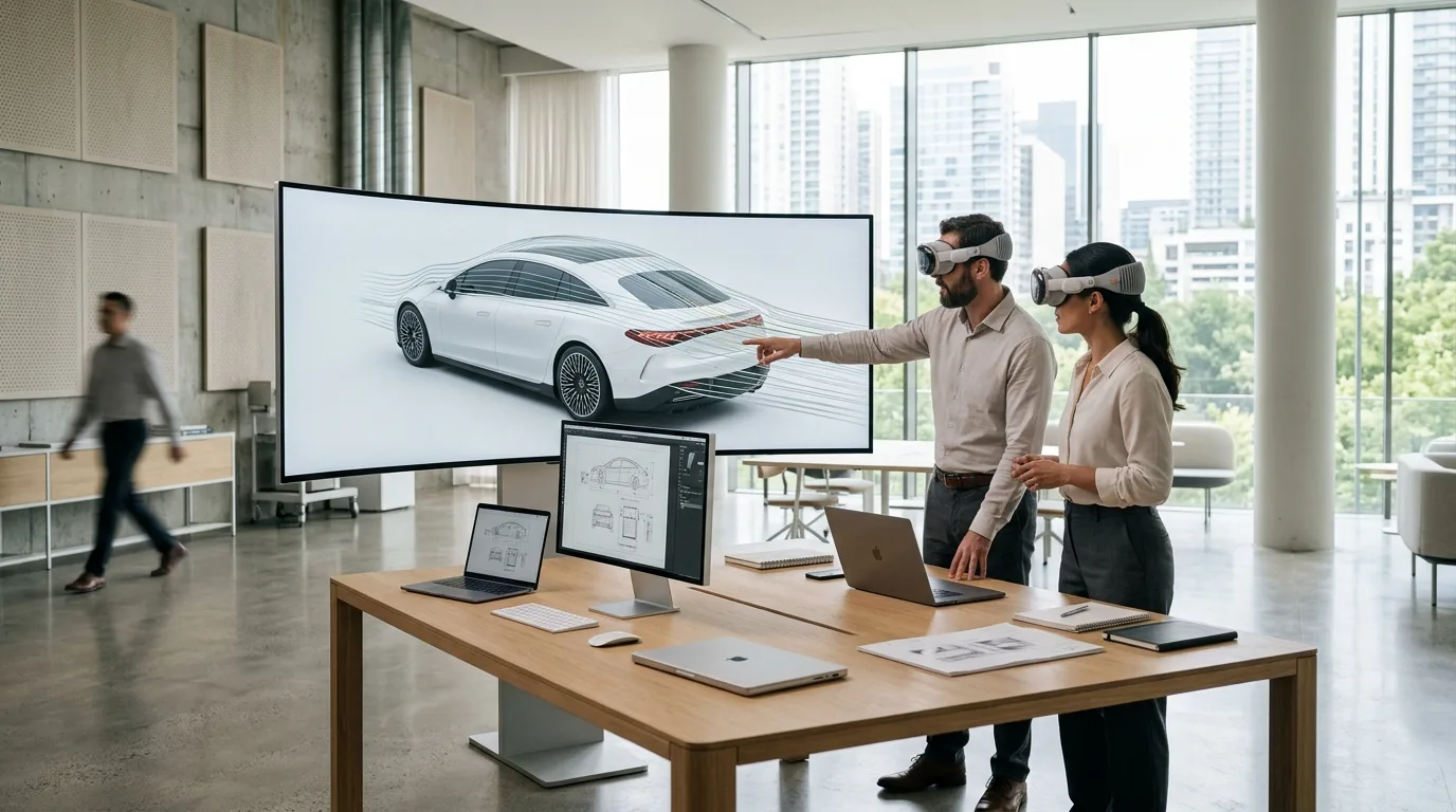 Engineers using VR headsets to review electric vehicle prototype in design studio