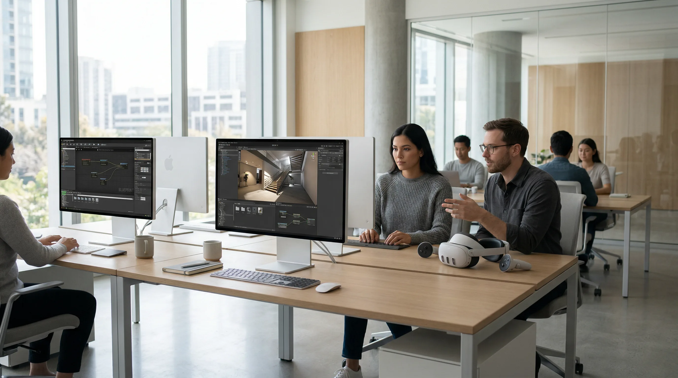 Developers working on VR environments using Unity3D and Unreal Engine in bright modern office