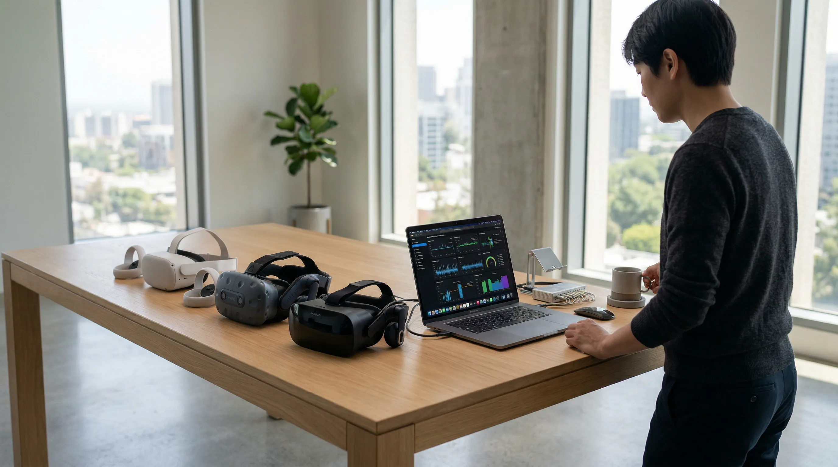 Developer testing multiple VR headsets with performance graphs on sleek modern desk