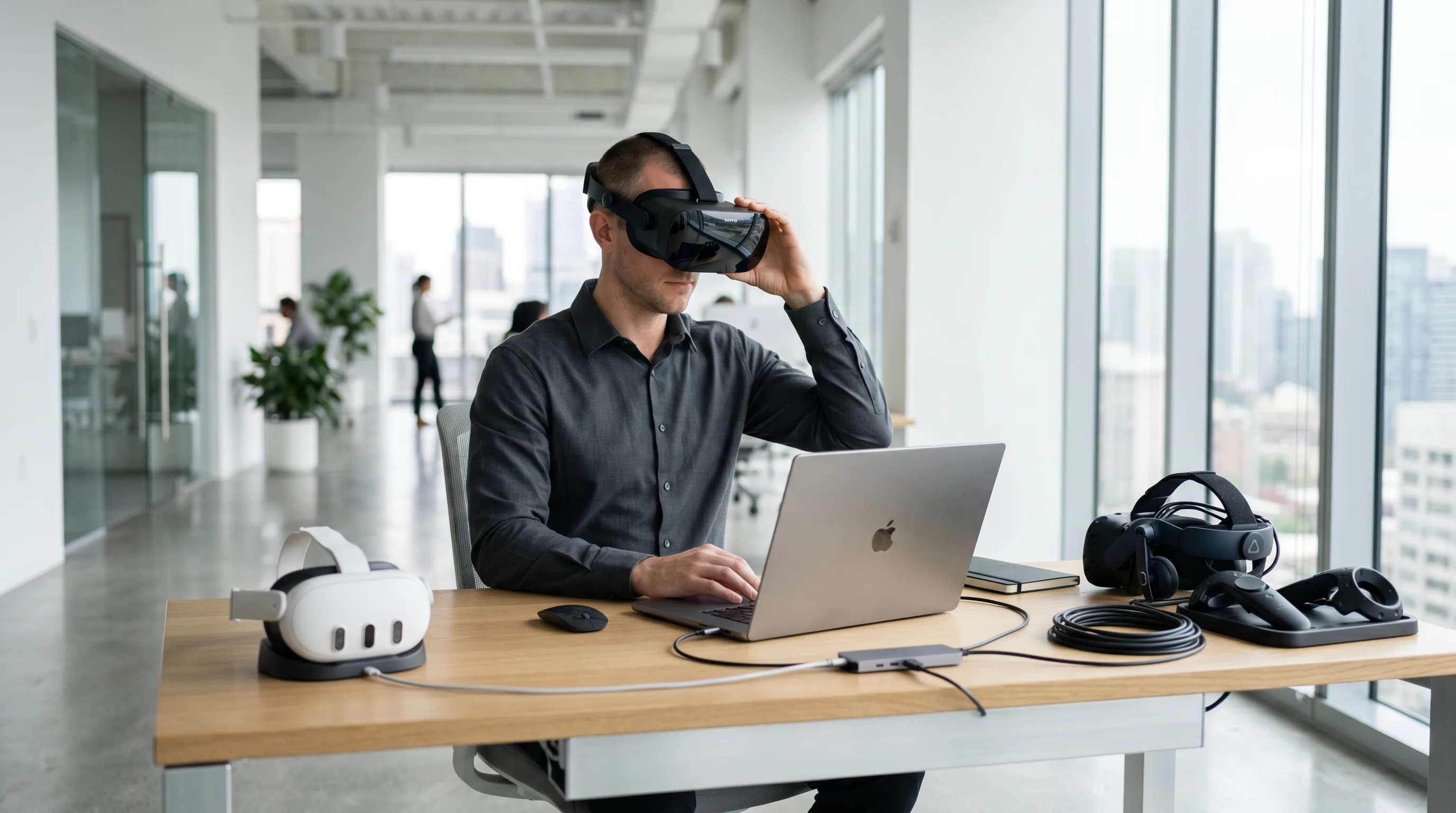 Technician testing multiple VR headsets on sleek desk in modern office