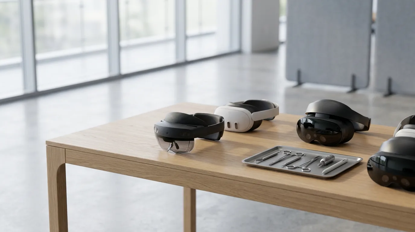 Close-up of VR headsets and surgical instruments arranged neatly on light oak table.