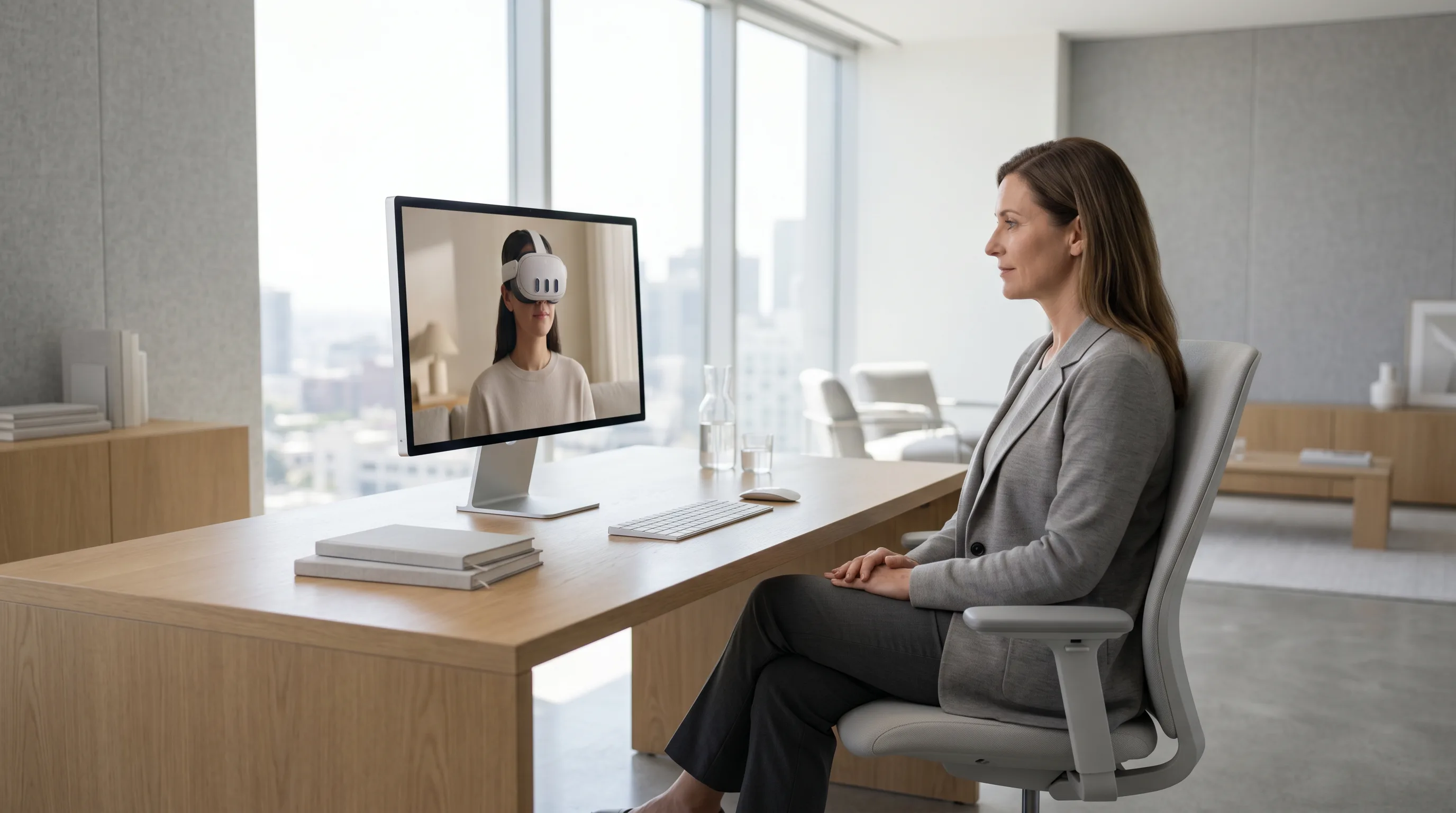 Therapist conducting remote VR mental health session viewed on sleek telehealth monitor