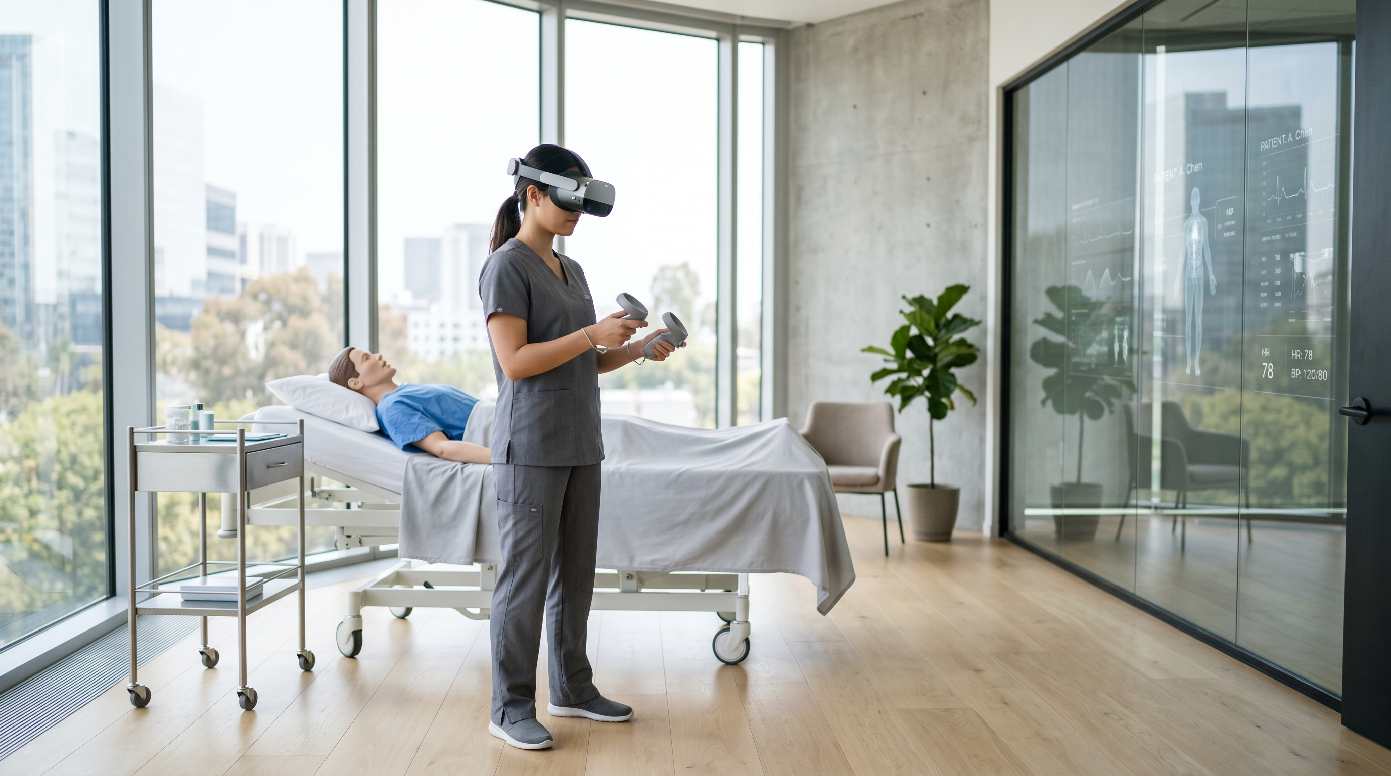 Student using a VR headset for virtual patient simulation in a clean training room