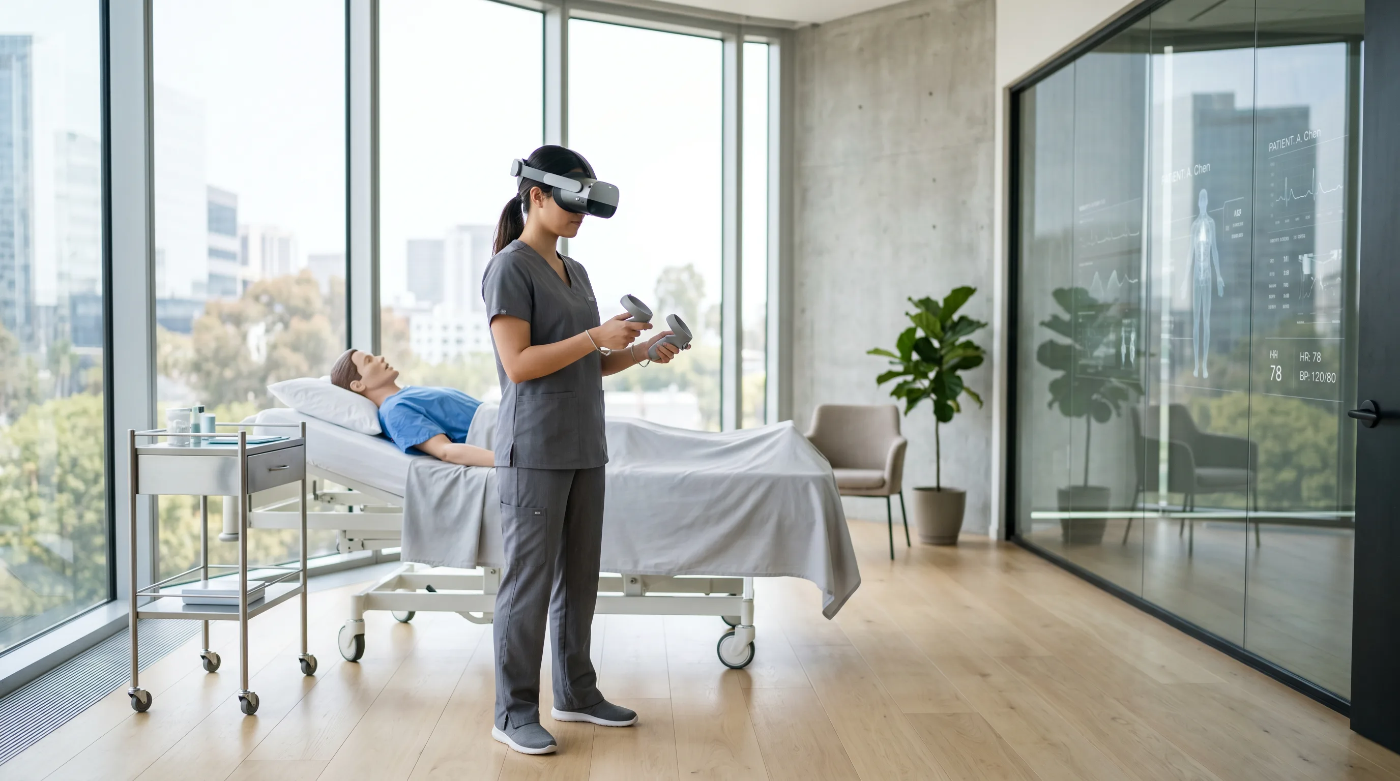 Student using a VR headset for virtual patient simulation in a clean training room