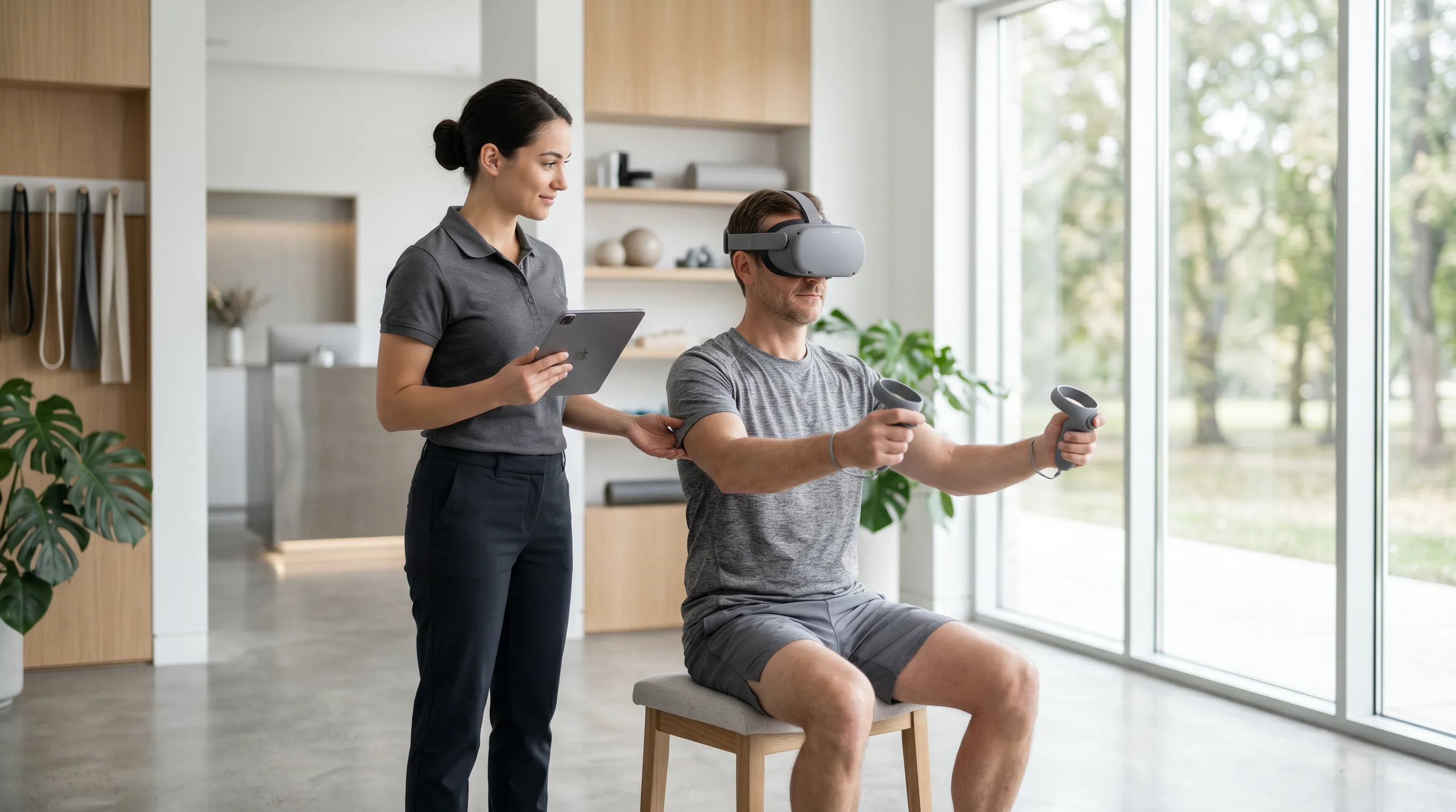 Therapist guiding patient through VR-assisted rehabilitation in bright therapy center