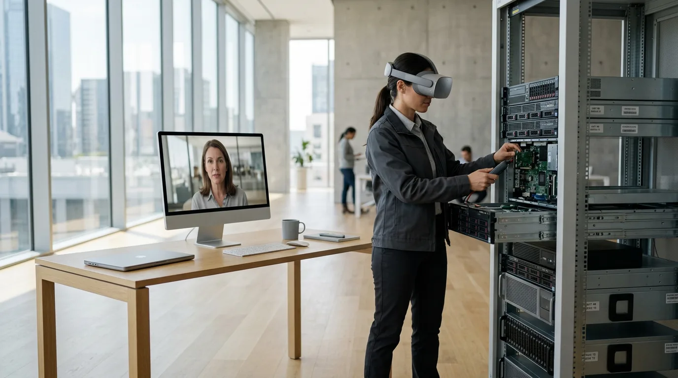 Field technician using VR headset receiving remote maintenance guidance at workstation