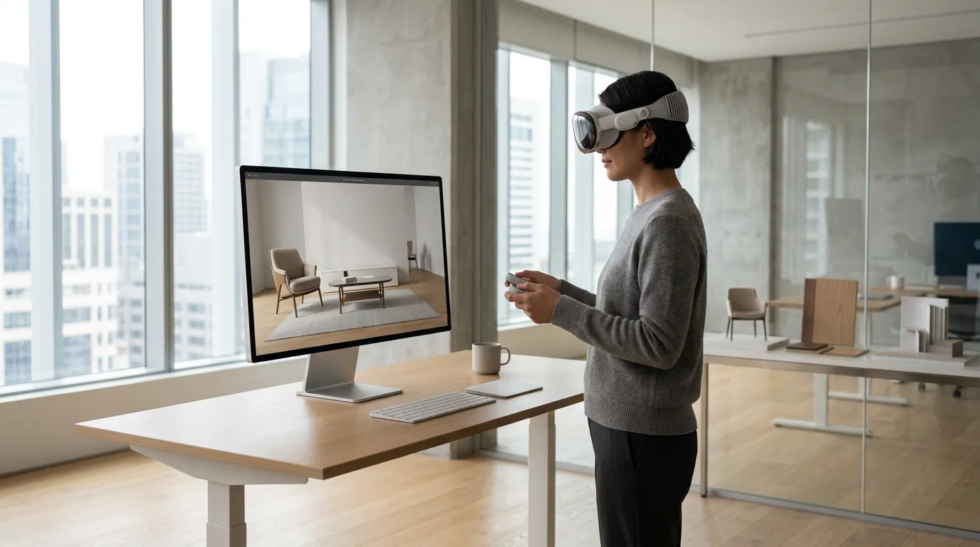 Shopper exploring virtual furniture showroom using VR headset in minimalist office