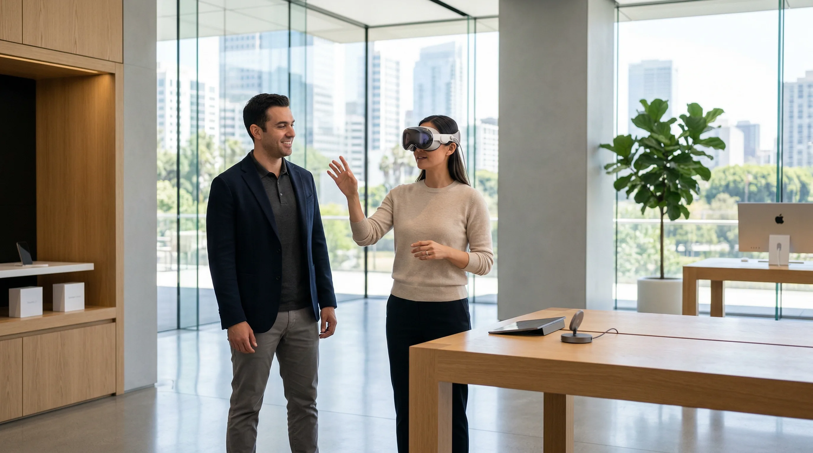 Customer testing virtual product demo with sleek headset in bright minimalist showroom