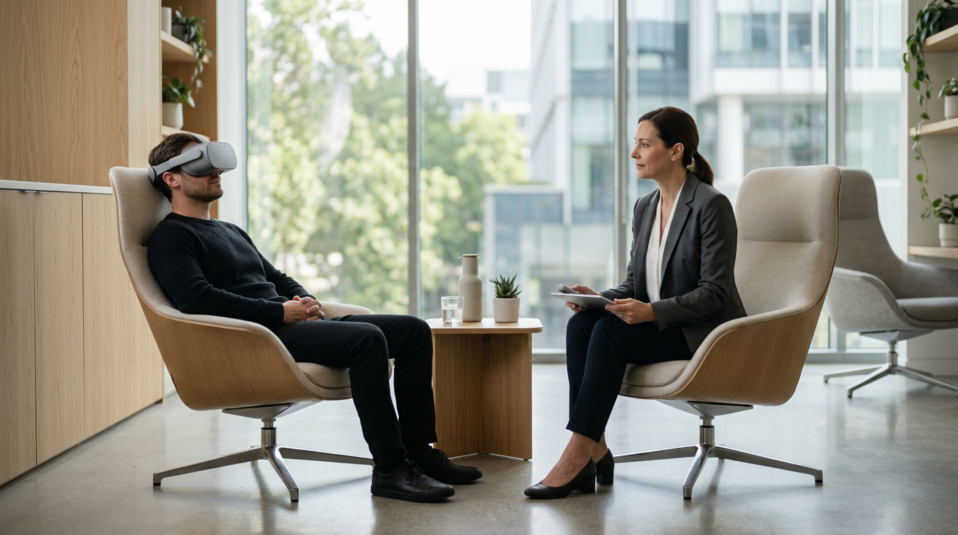 Therapist guiding patient wearing VR headset during mindfulness session in calm office
