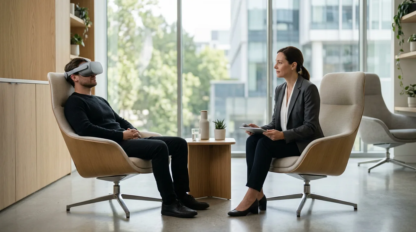 Therapist guiding patient wearing VR headset during mindfulness session in calm office