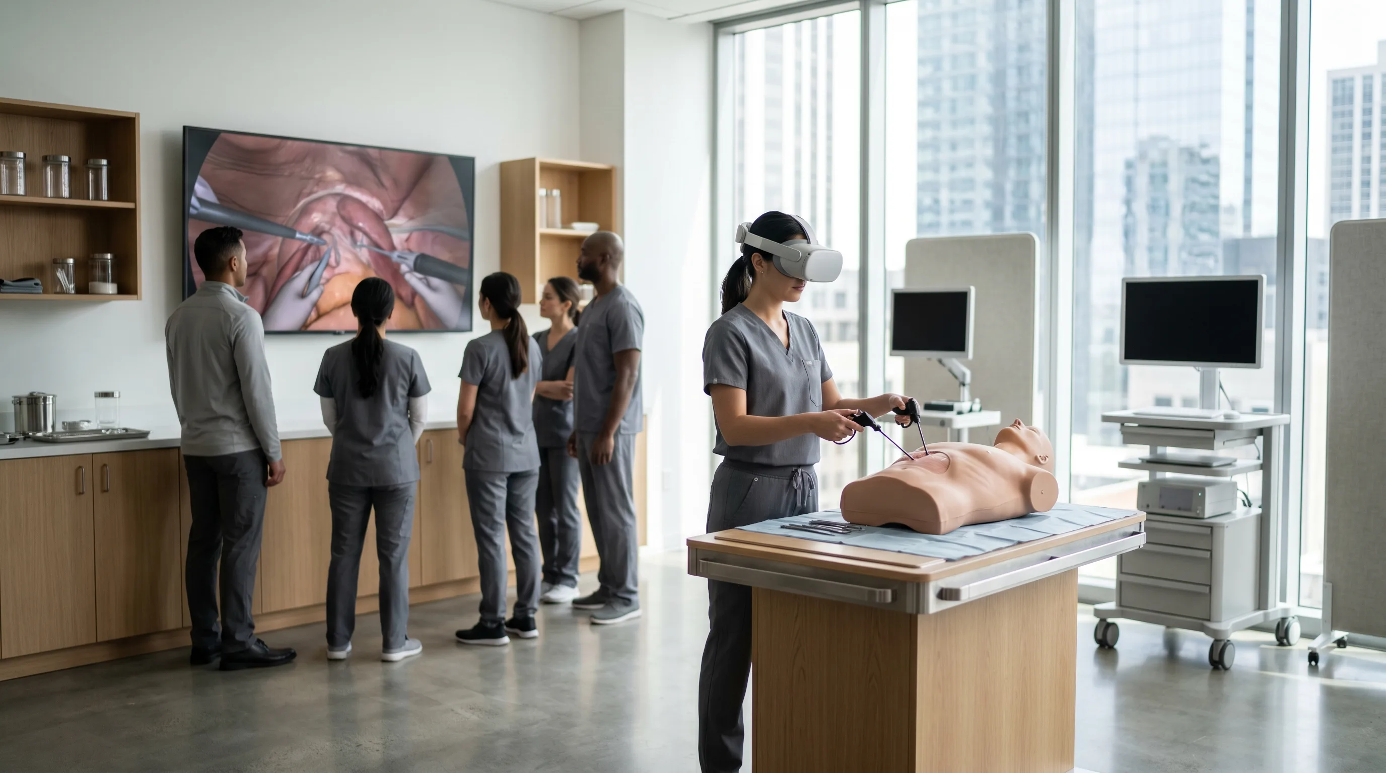 Healthcare trainee using VR headset for simulated surgery in bright medical lab