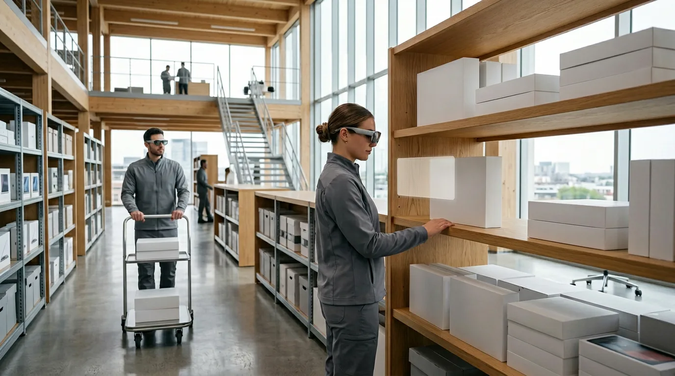 Warehouse staff wearing AR glasses viewing inventory data and picking items from organized shelves