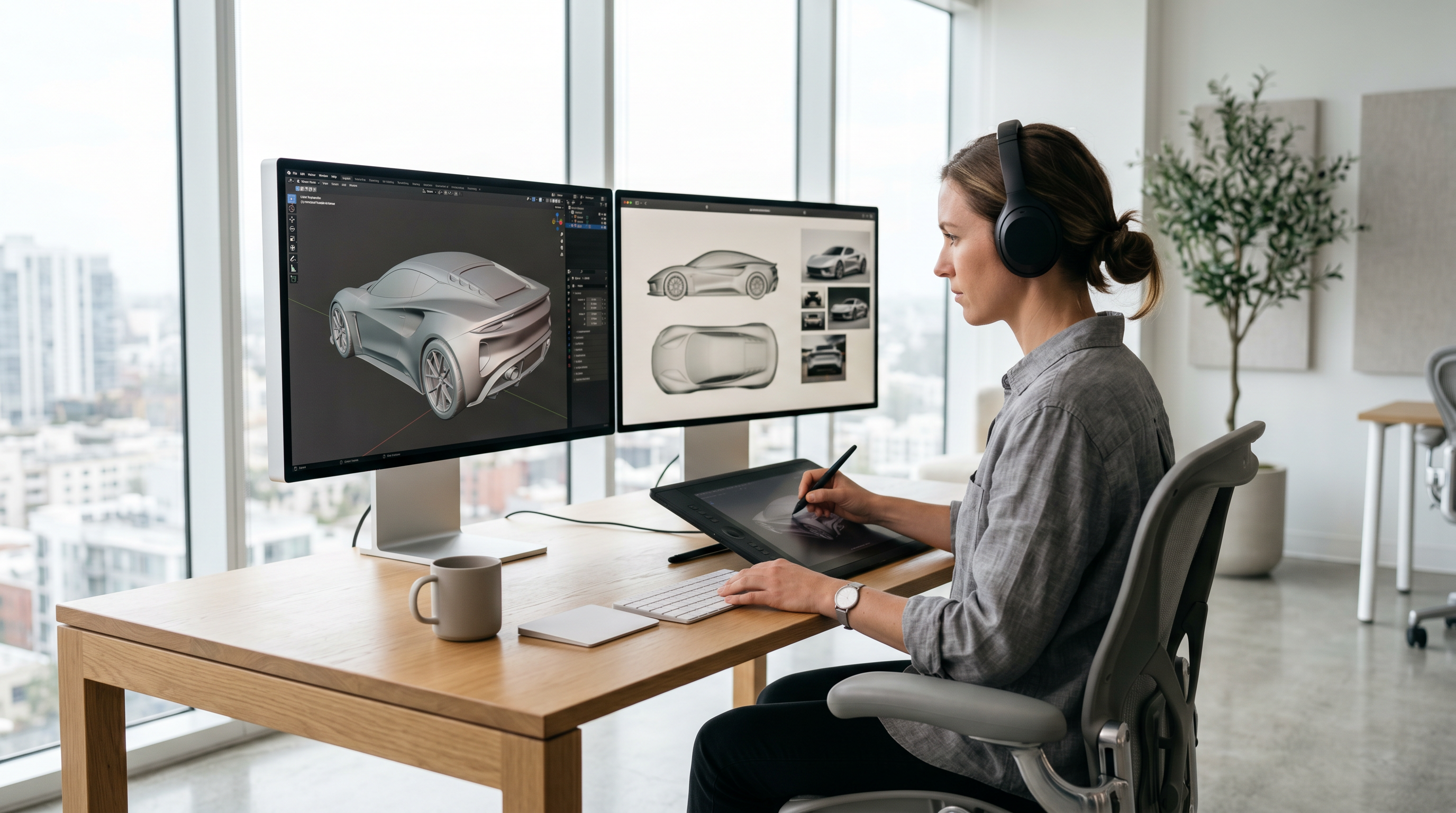 Professional 3D modeling artist sculpting a futuristic vehicle prototype in a minimalist modern office