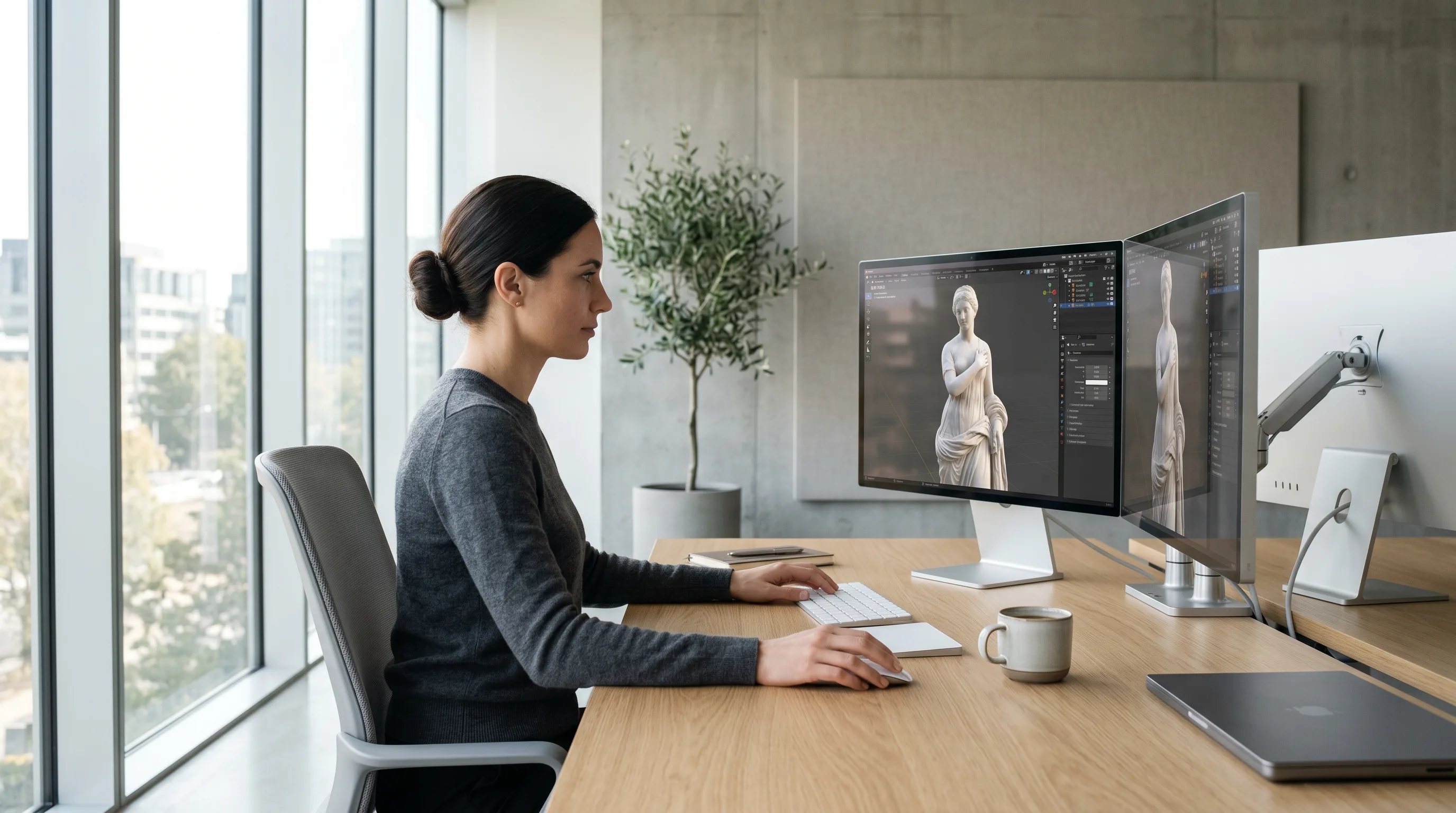 Designer refining lighting and textures on a 3D model of a marble sculpture using Blender on dual monitors.