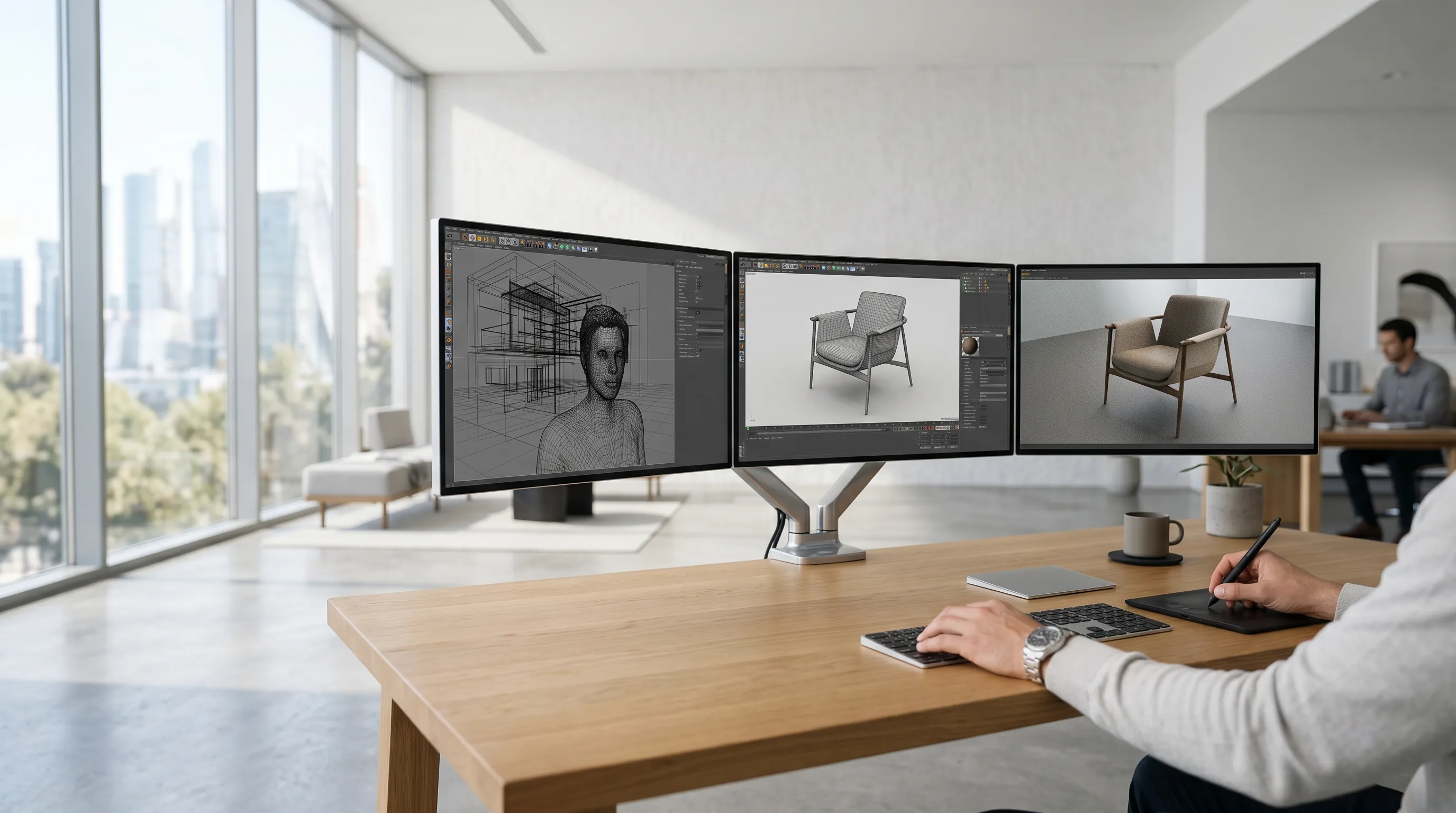 Modern 3D design studio with multiple monitors showing modeling, texturing, and rendering stages