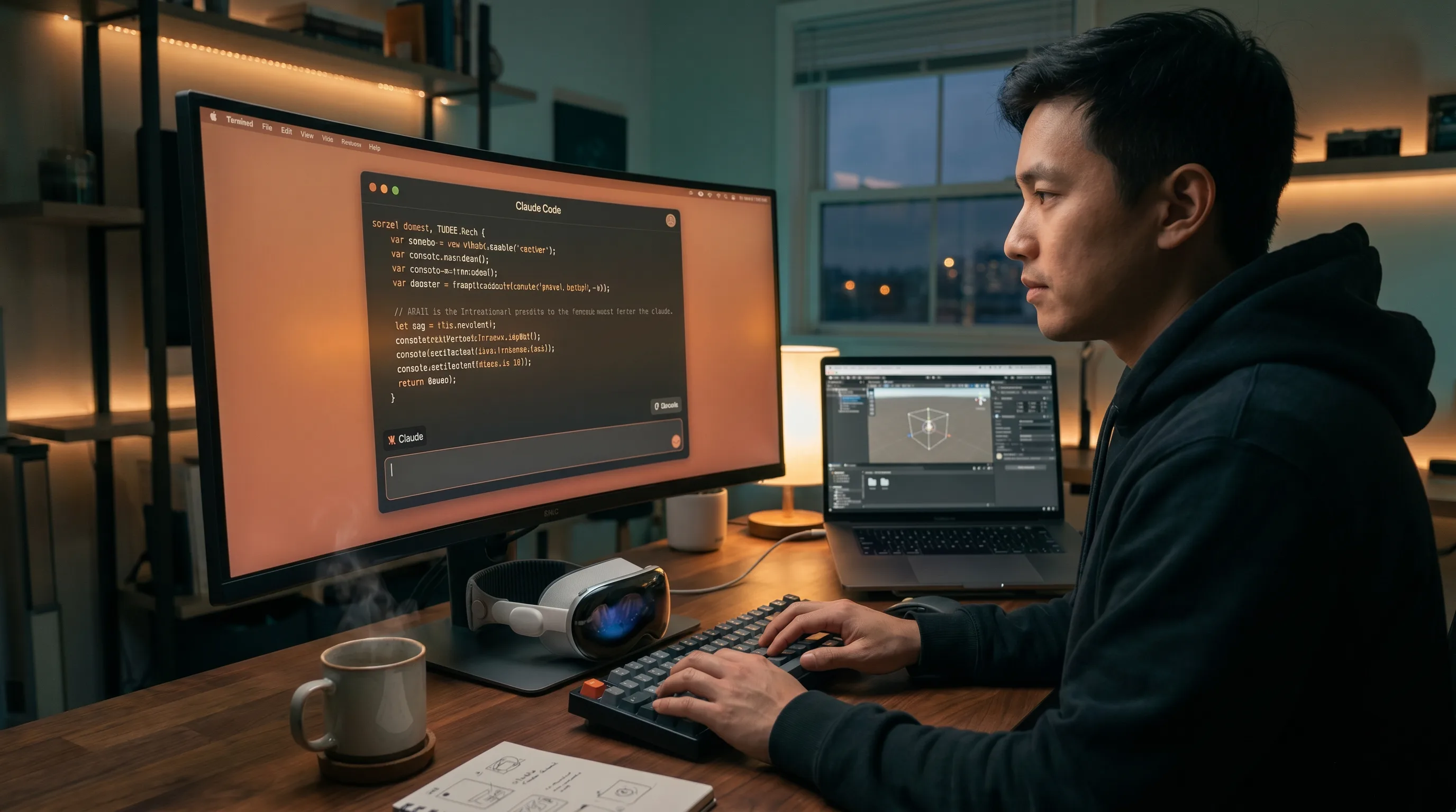 Developer at a dusk-lit desk running an AI coding terminal on an ultrawide monitor, with a 3D editor open on the laptop beside a headset