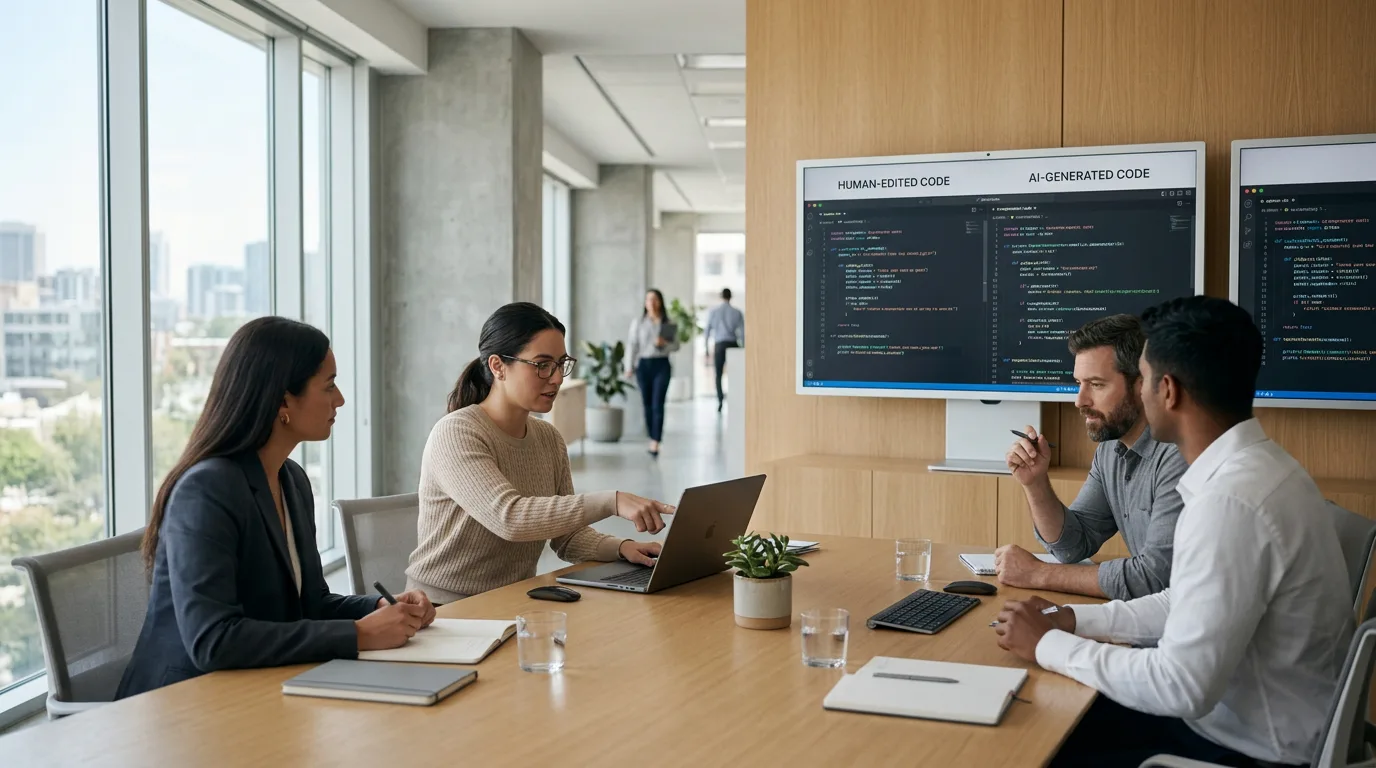 Team comparing AI-generated and human-edited code on shared screens in a meeting room.